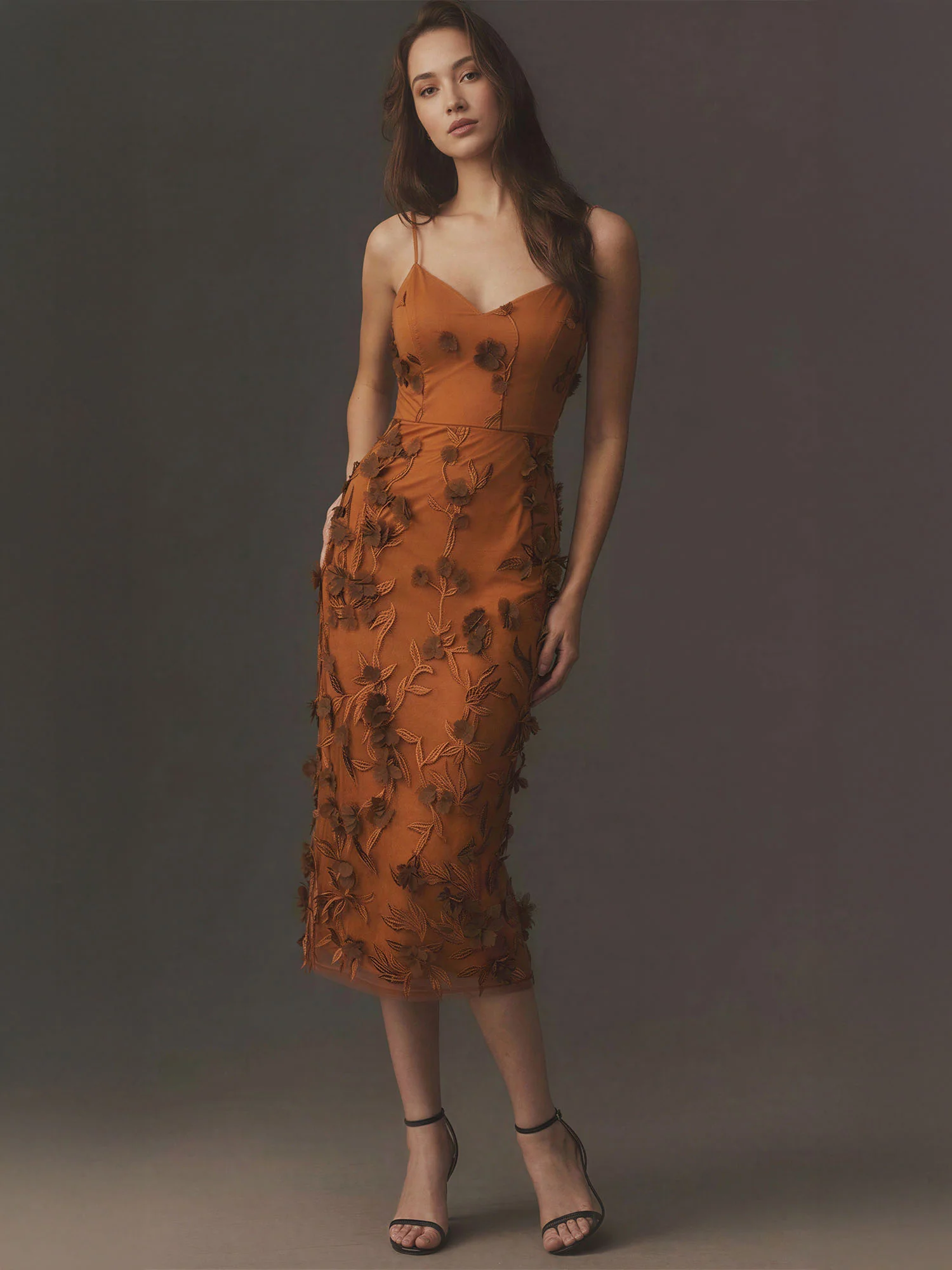 3D Floral Column Midi Dress