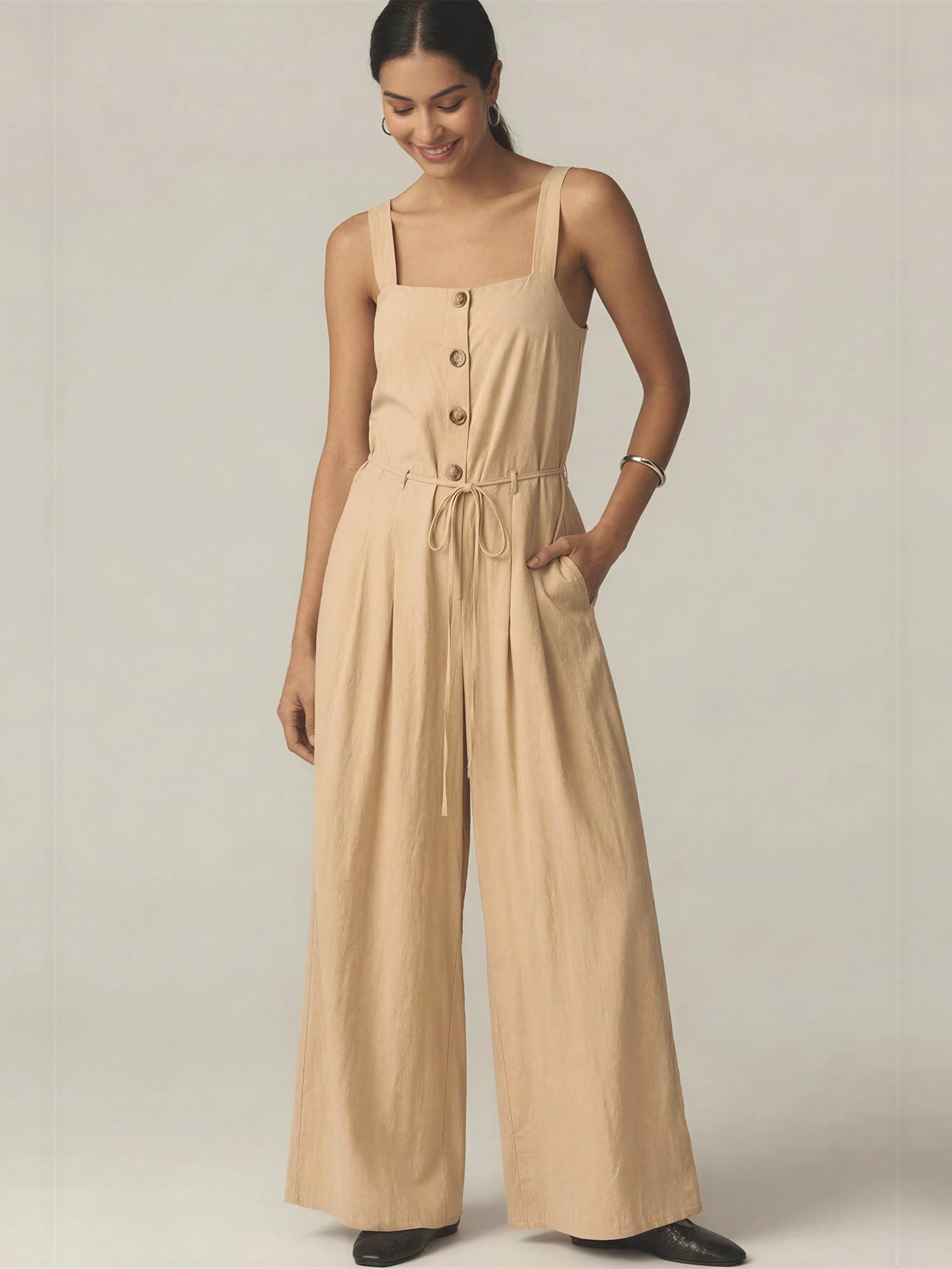 Sleeveless Button Front Tie Waist Pleated Wide Leg Jumpsuit