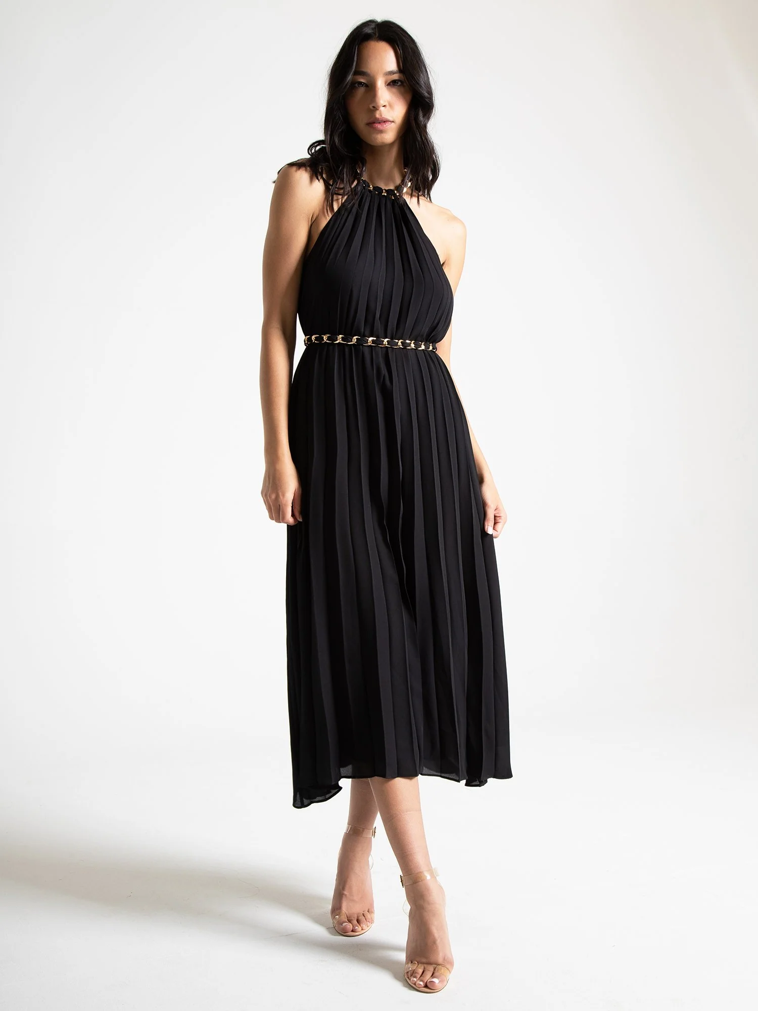 Sleeveless Chain Belt Pleated Midi Dress - Hidden Label - Image 4