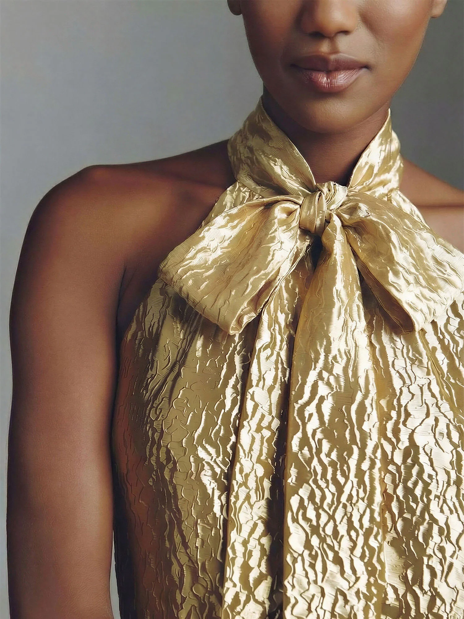 Gold Jacquard Bow Neck Shift Mini Dress - Image 3