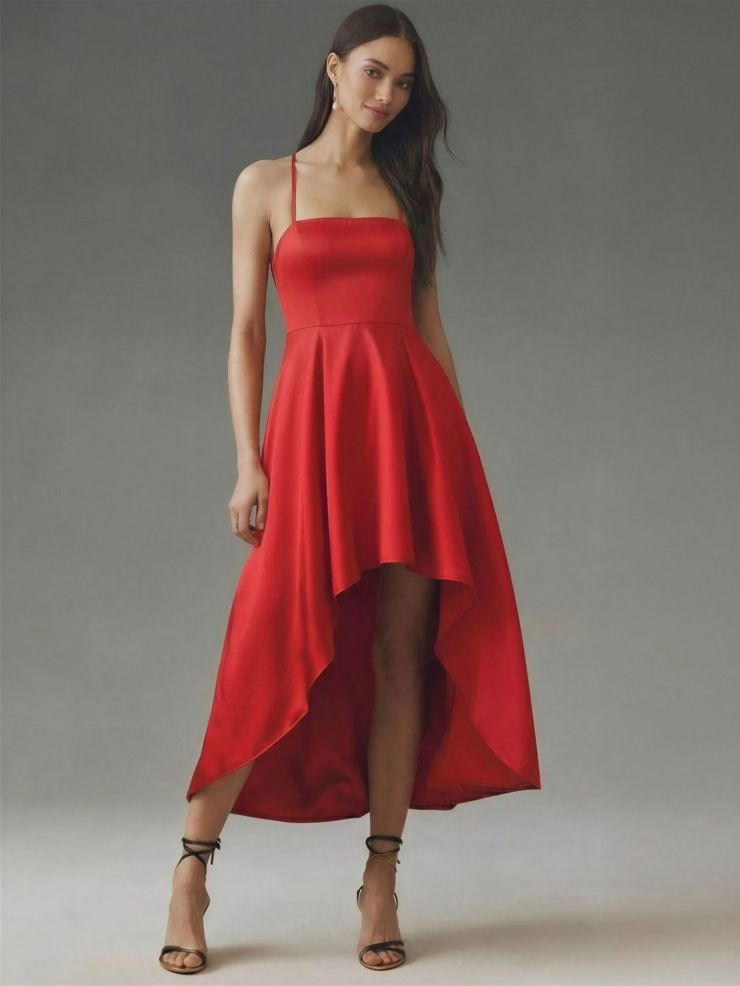 High-Low Open Bow Back Satin Midi Dress