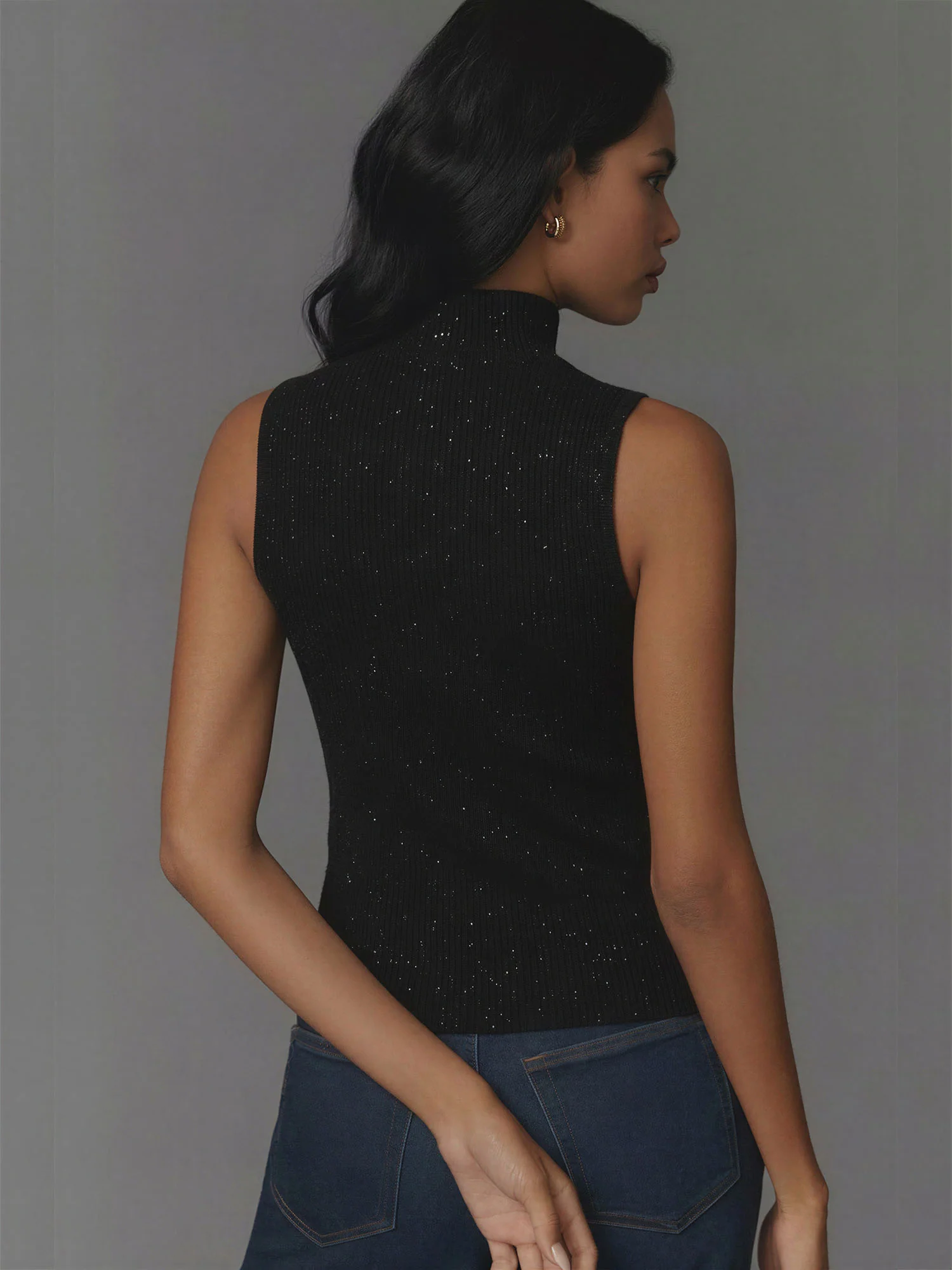 Metallic Yarn Mock Neck Sweater Top - Image 3