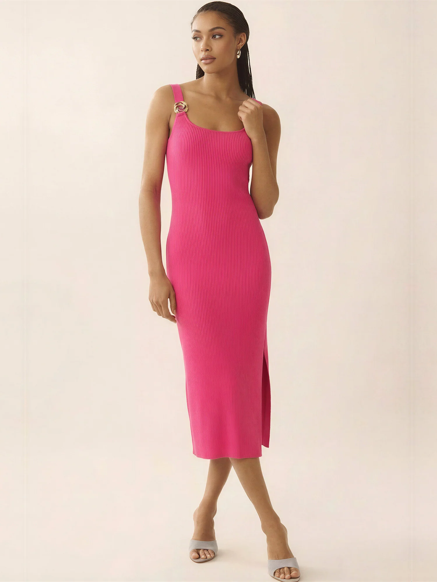 Sleeveless Pendant Knit Side Slit Midi Dress - Image 4