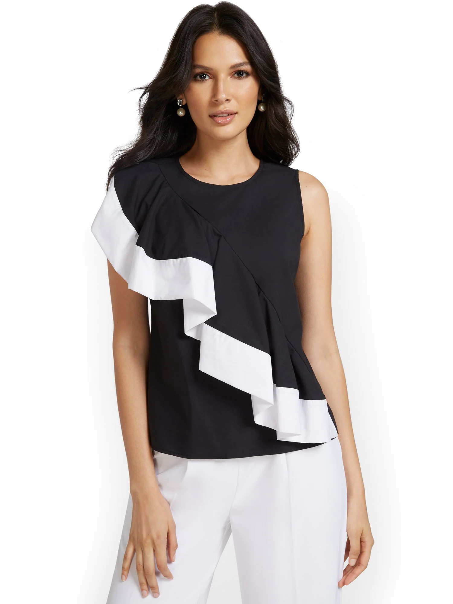 Sleeveless Ruffle-Front Poplin Top