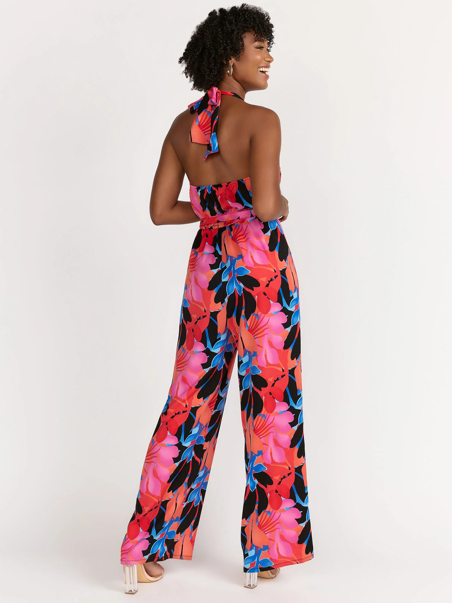Sleeveless Tropical Print Front Cut-out Halter Neck Jumpsuit - Milk & Honey - Image 3
