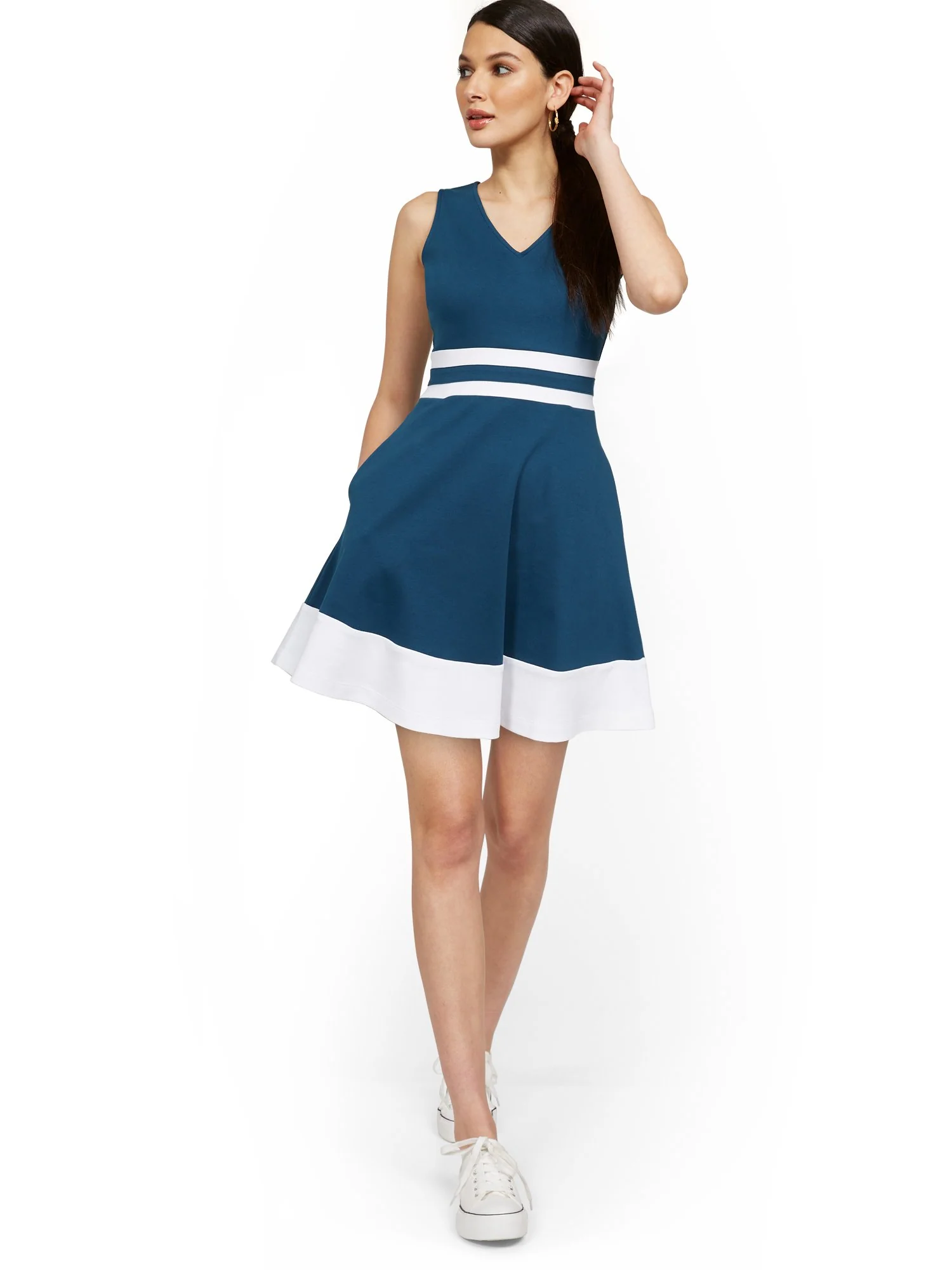 Sleeveless V-Neck Stripe Fit and Flare Dress - City Knits - Image 2