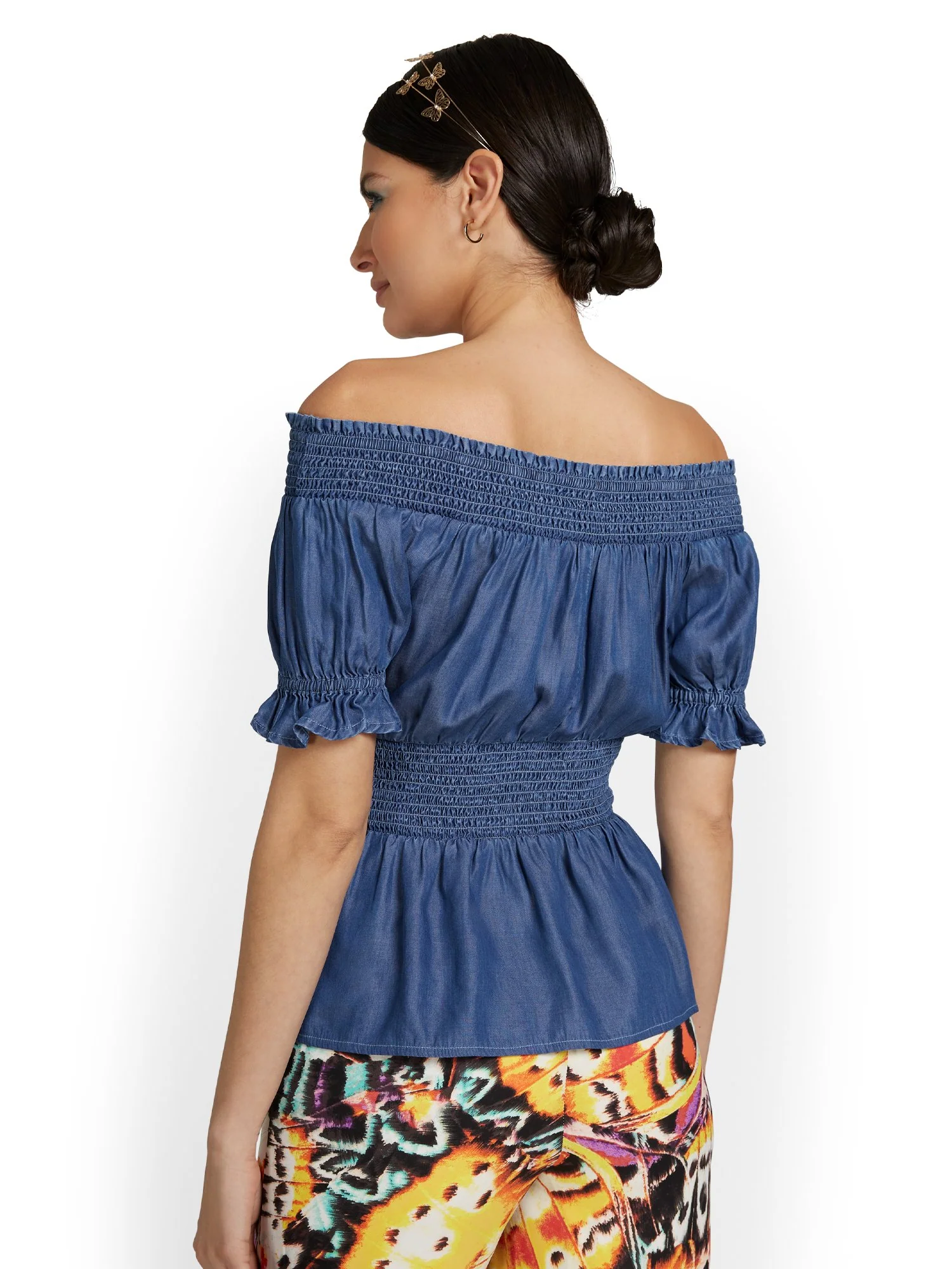 Smocked Off-The-Shoulder Denim Top - Image 3