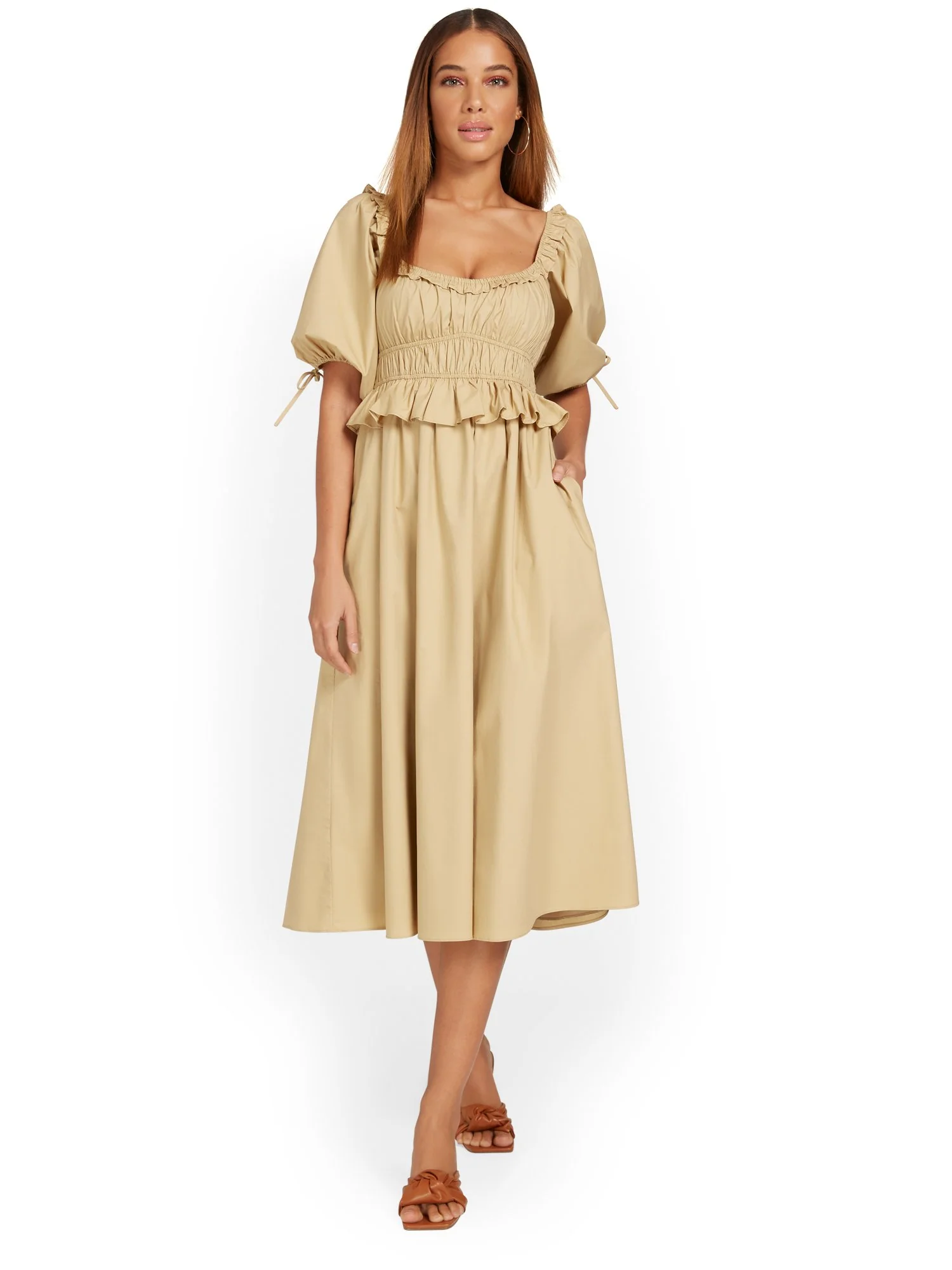Moodie Smocked Puff-Sleeve Poplin Midi Dress - Brands We Love