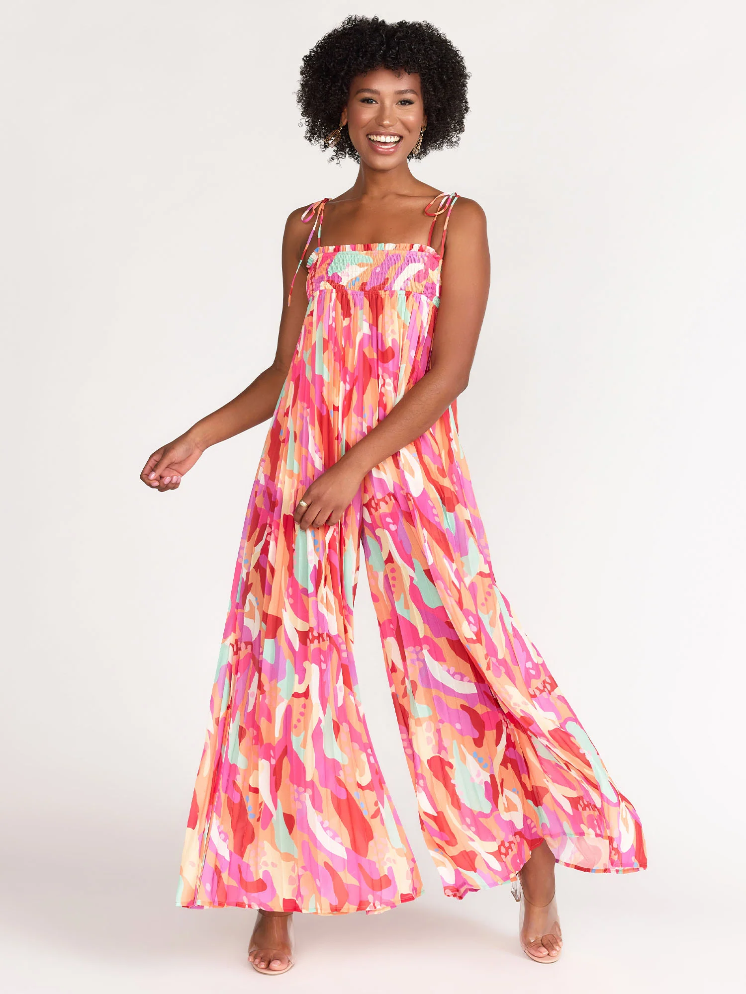 Flying Tomato Spaghetti Strap Printed Pleated Jumpsuit - Brands We Love