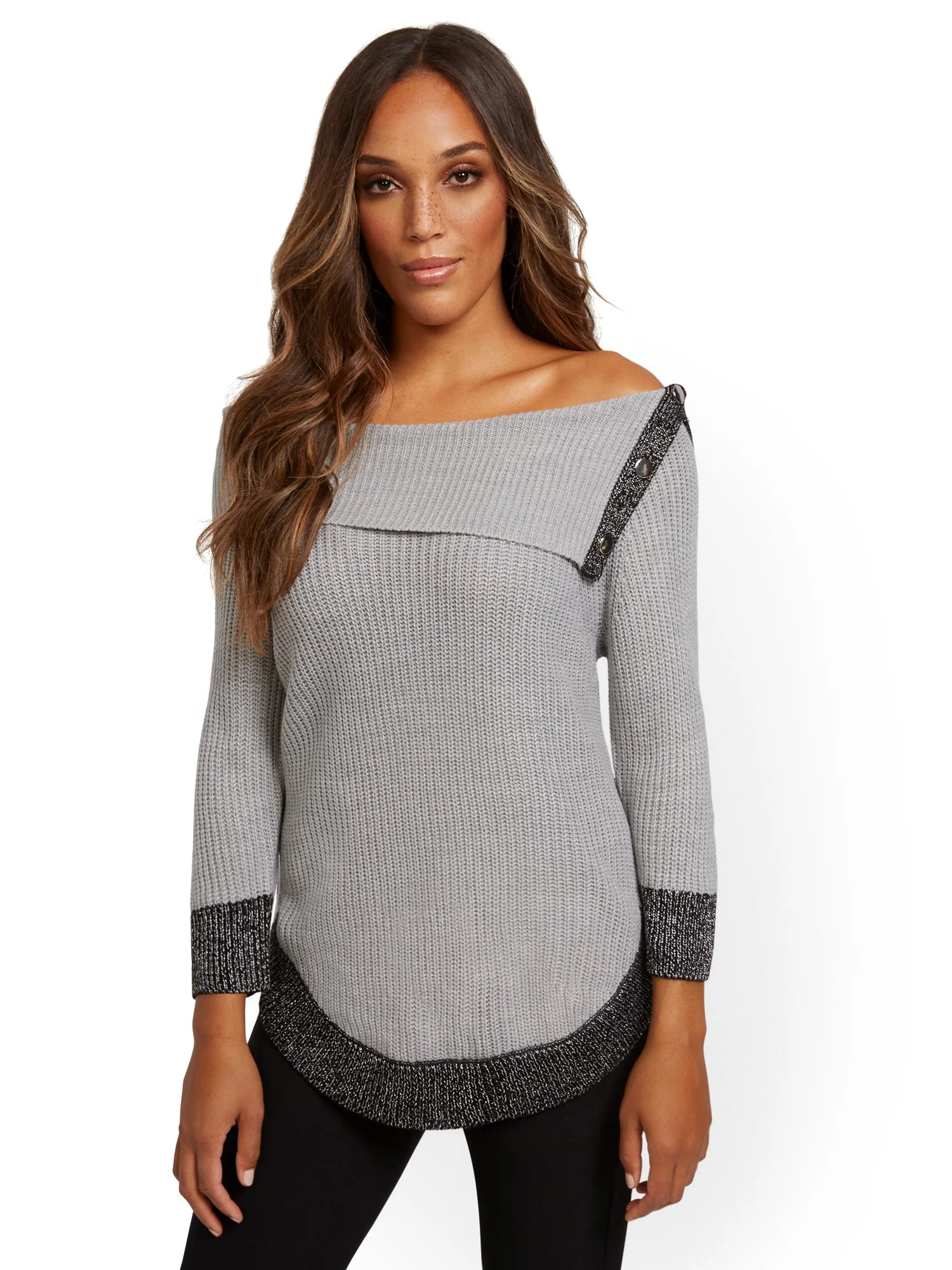 Split-Collar Button-Accent Sweater - Image 2