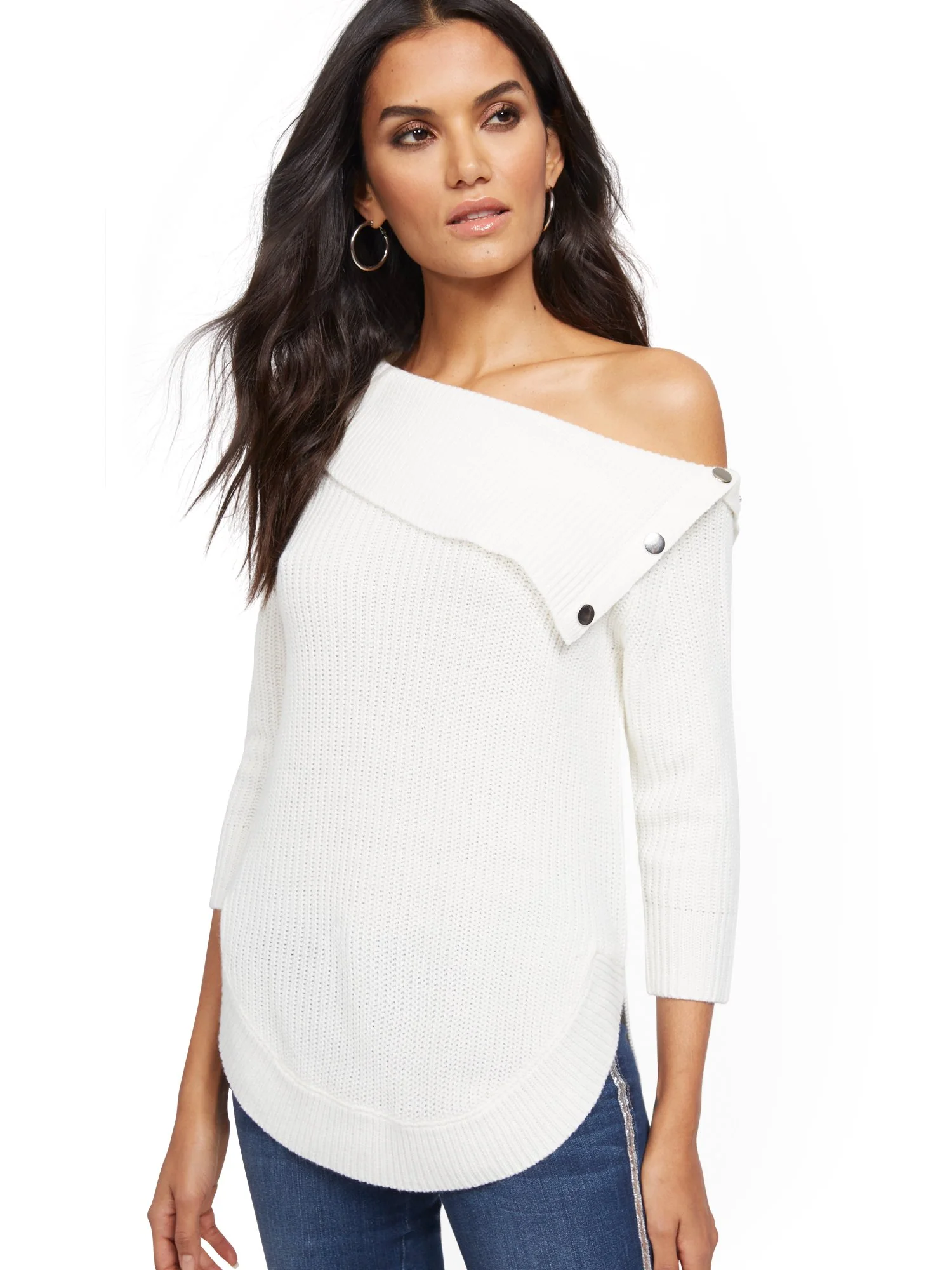 Split-Collar Button-Accent Sweater - Image 2