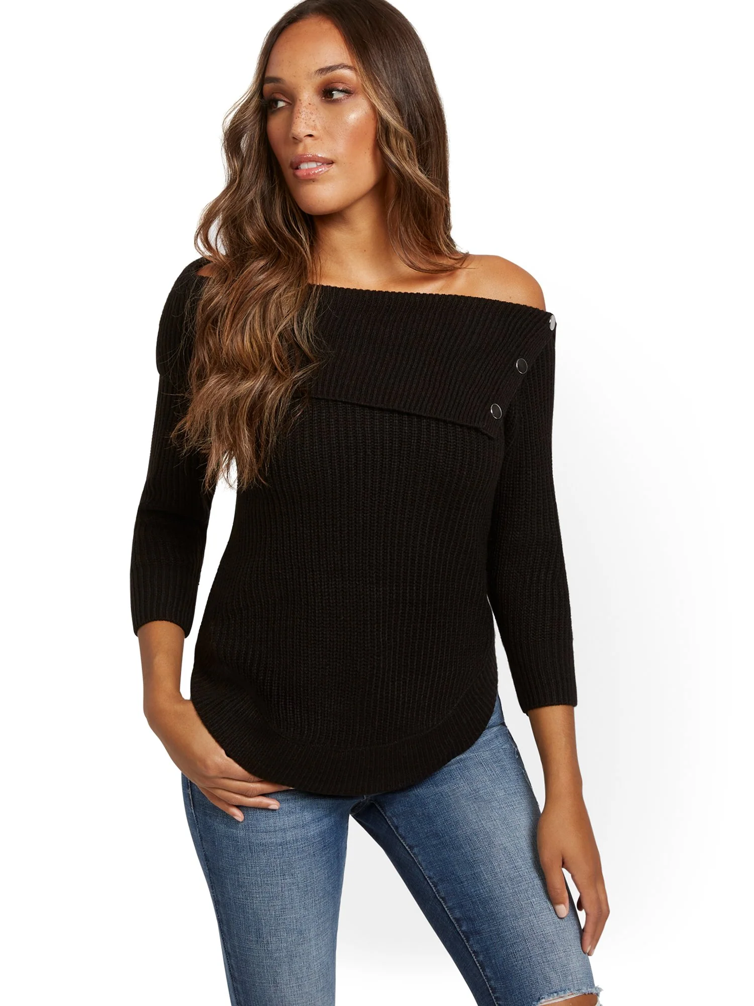 Split-Collar Button-Accent Sweater - Image 2