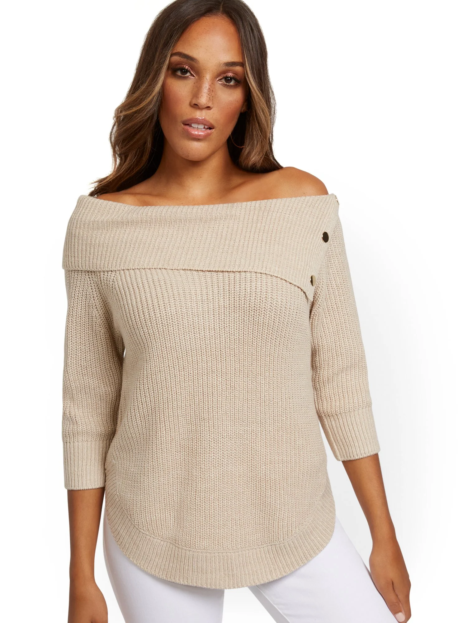 Split-Collar Button-Accent Sweater - Image 3