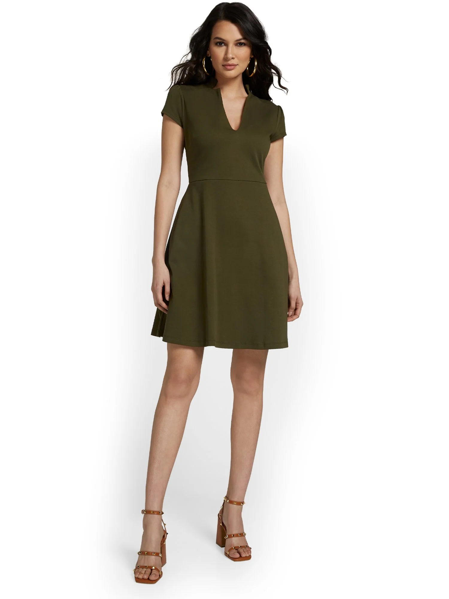 Split-Neck Puff-Sleeve Flare Dress - City Knits - Image 14