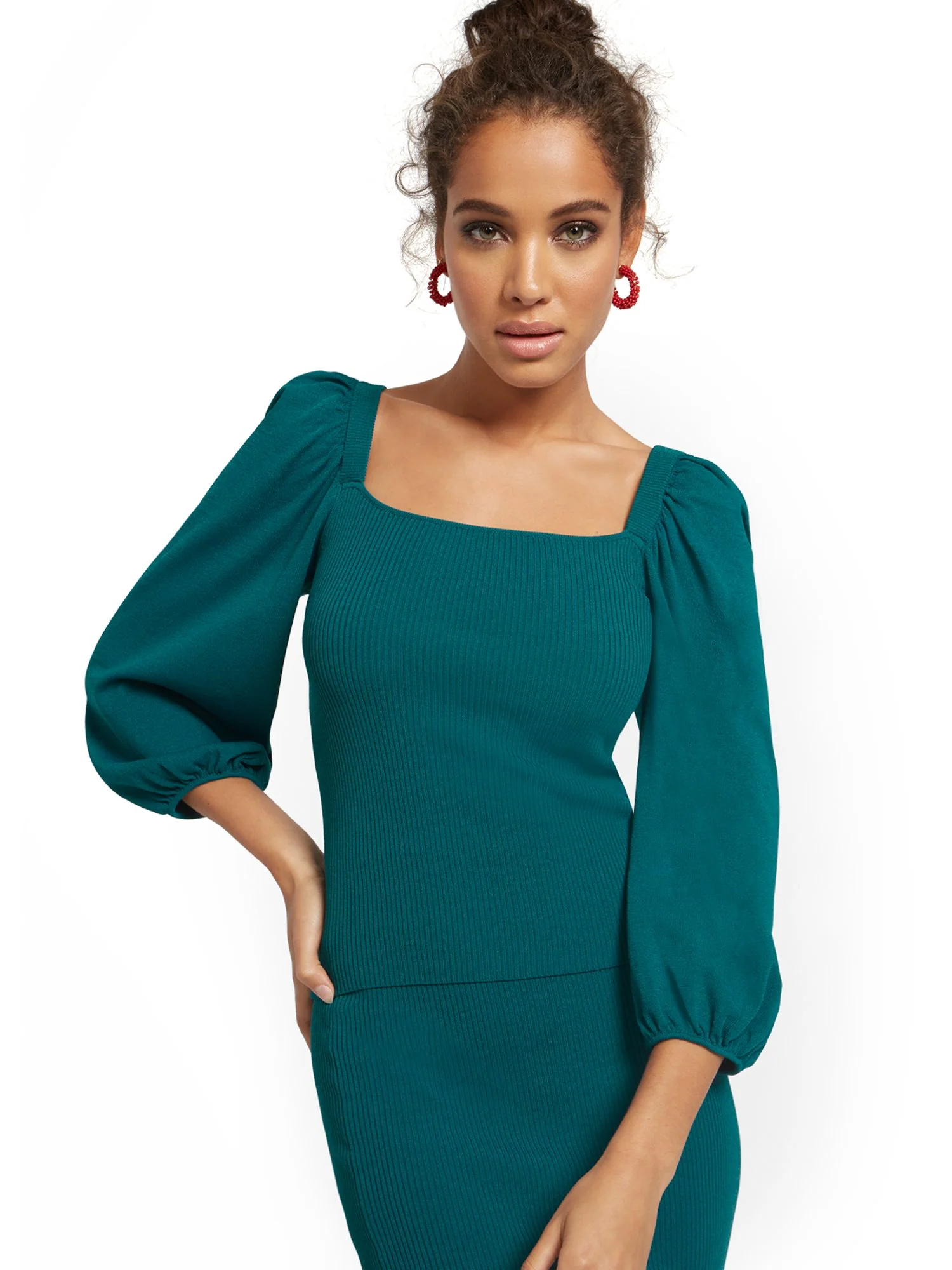Square Neck Puff-Sleeve Sweater - Image 2