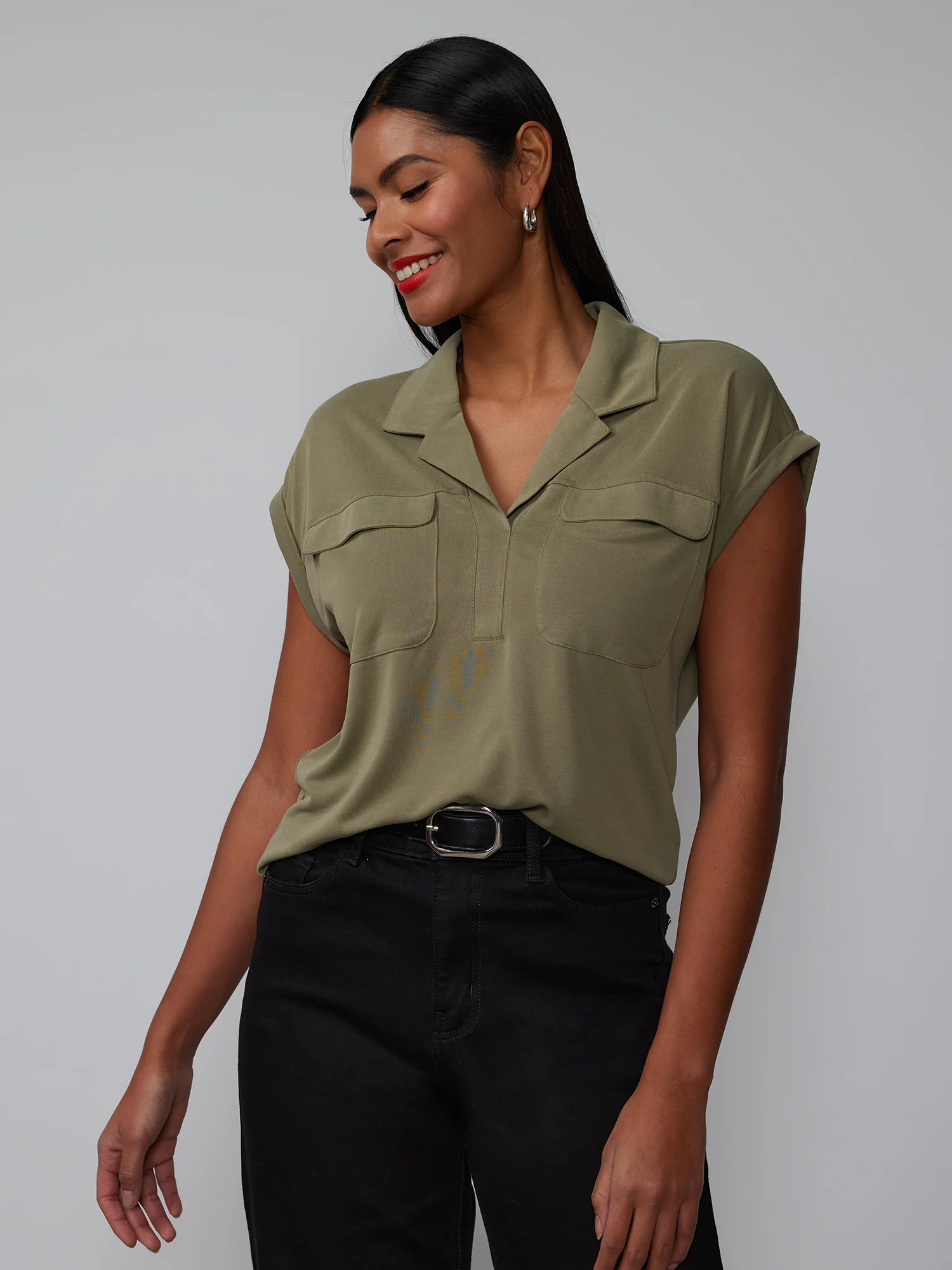 Short Sleeve Cupro Utility Collared Top - Image 6