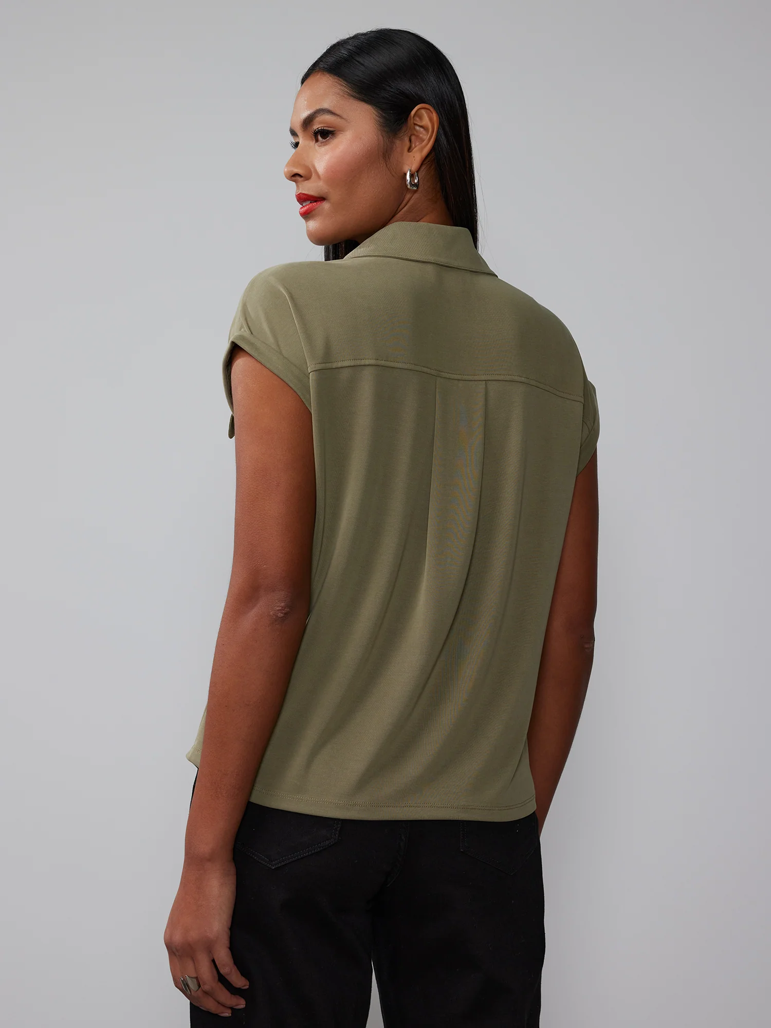 Short Sleeve Cupro Utility Collared Top - Image 8