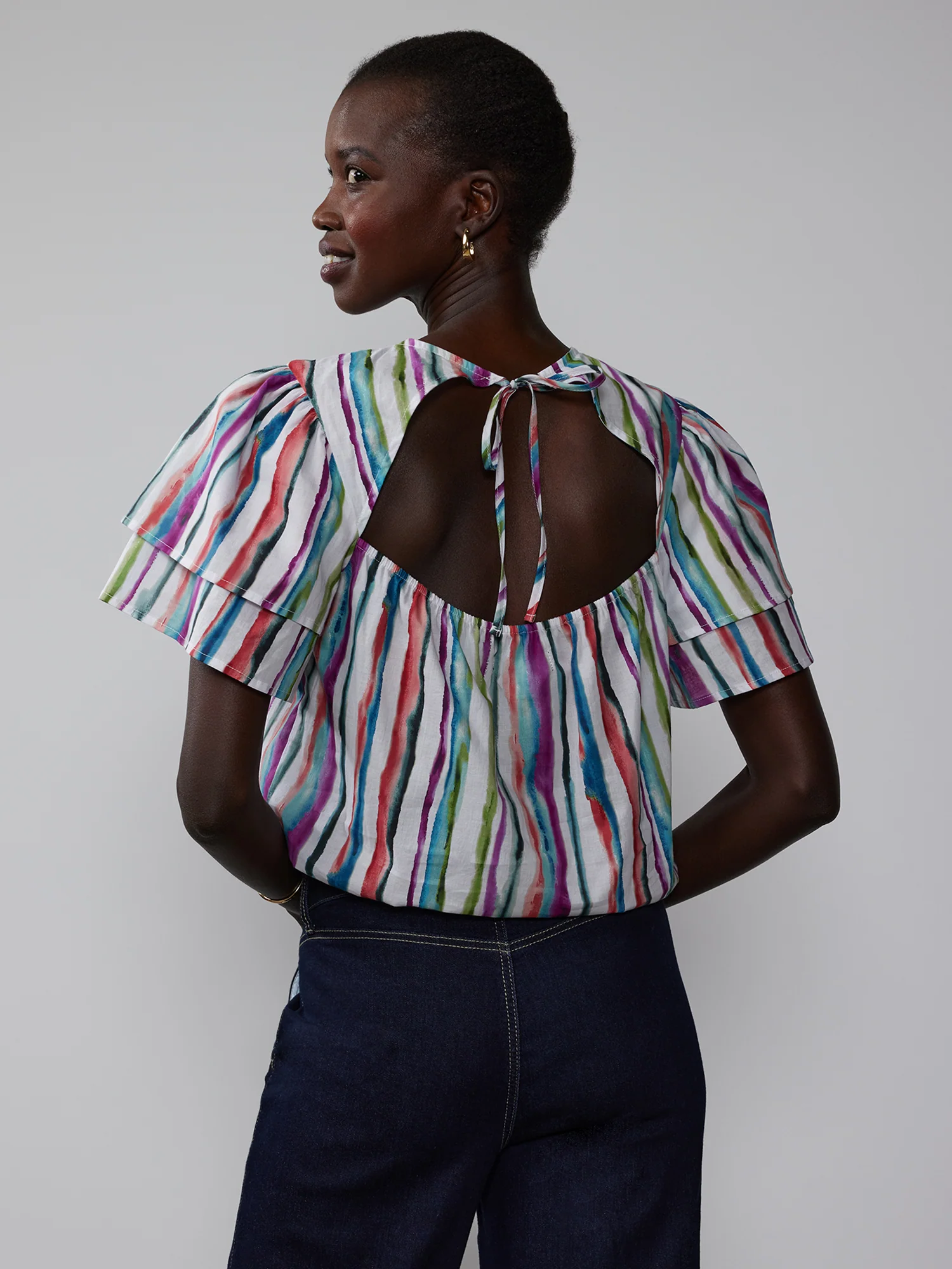 Flutter Sleeve Striped Open Back Top - Image 3