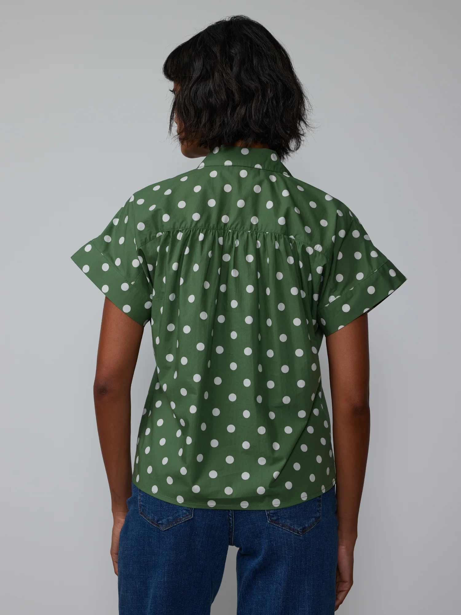 Short Sleeve Shirred Shoulder Dot Popover Shirt - Image 3