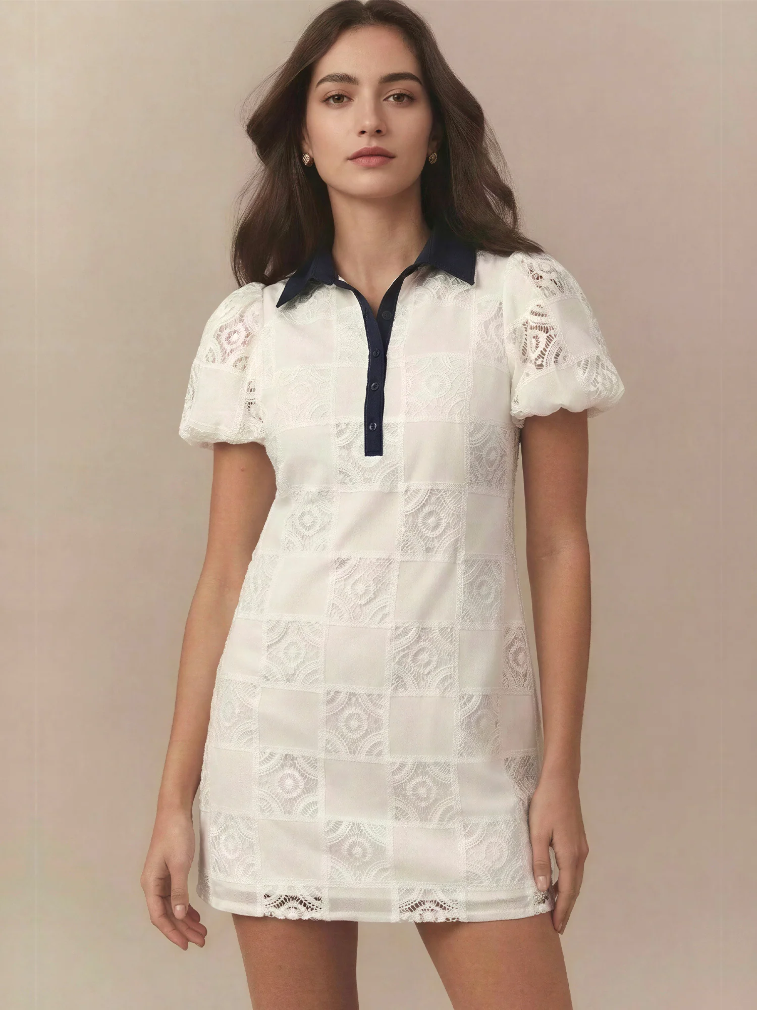 Embroidered Bubble Sleeve Mini Shirt Dress