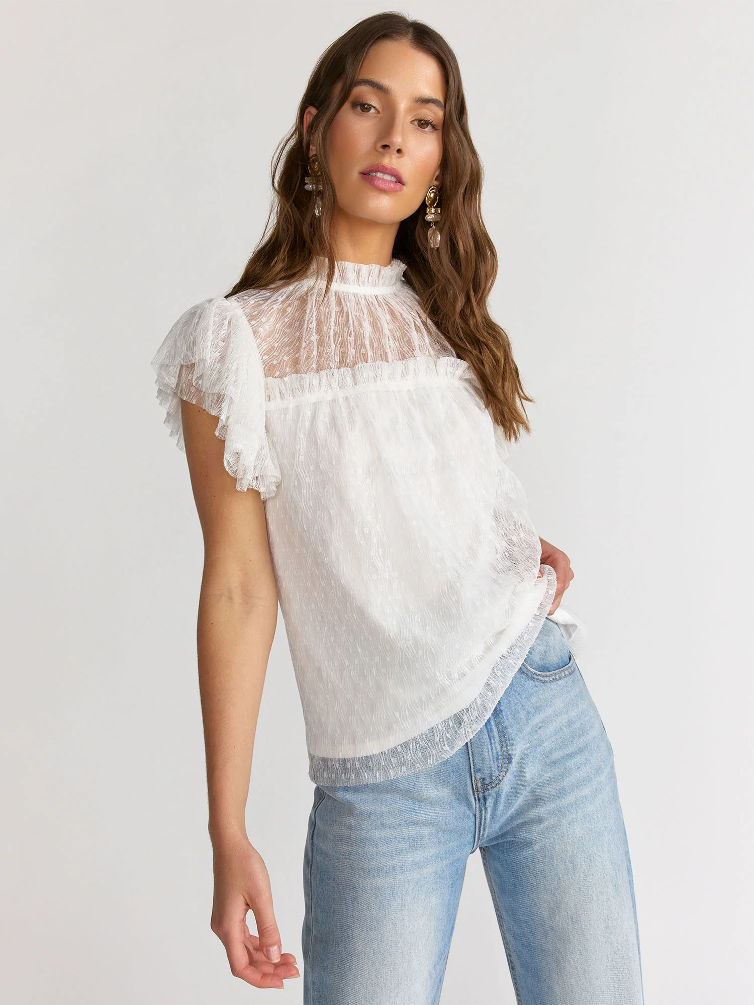 Flying Tomato Flutter Sleeve Mesh Dot Blouse - Brands We Love