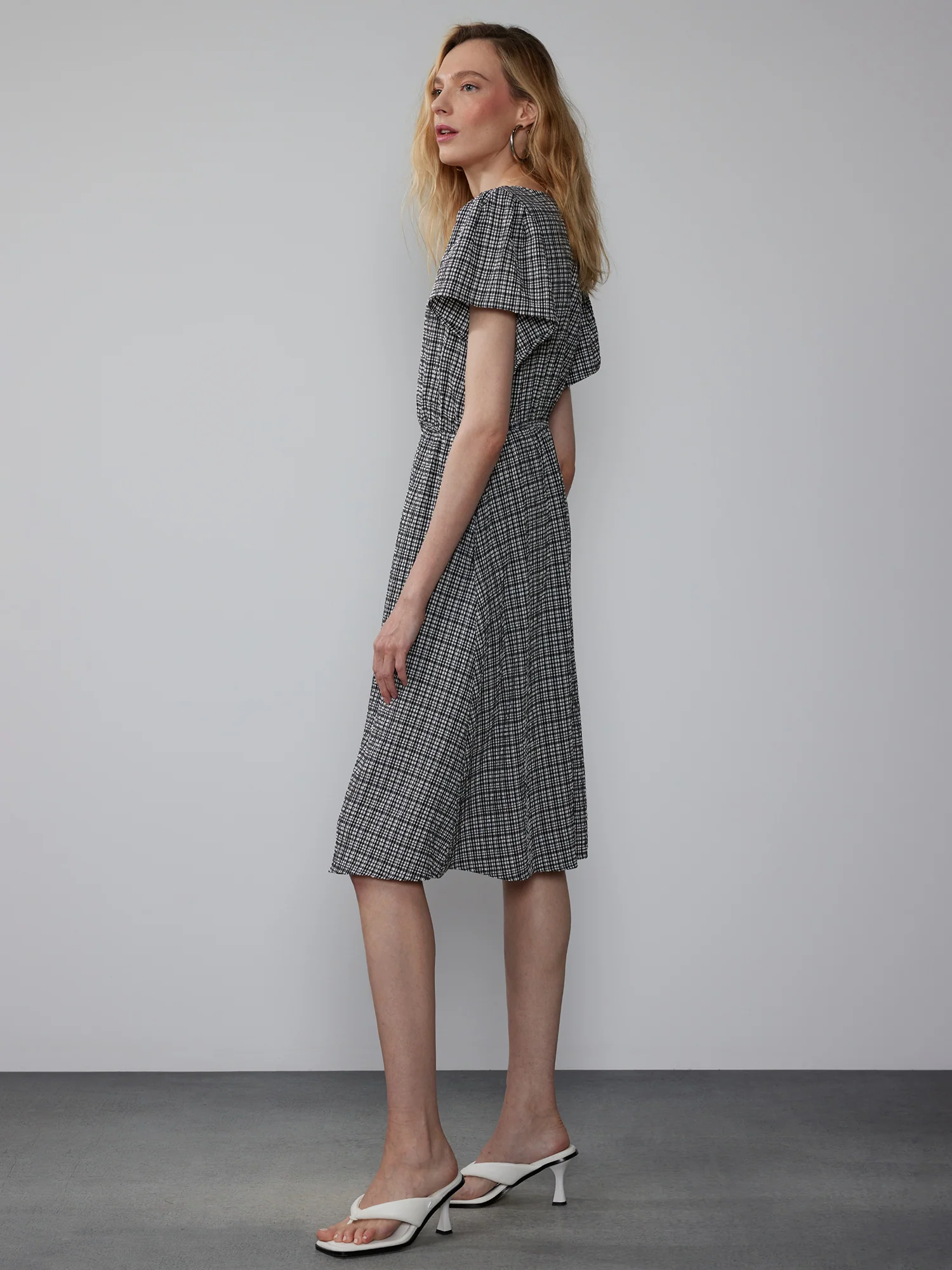 Flutter Sleeve Tiny Plaid Midi Dress - Image 2
