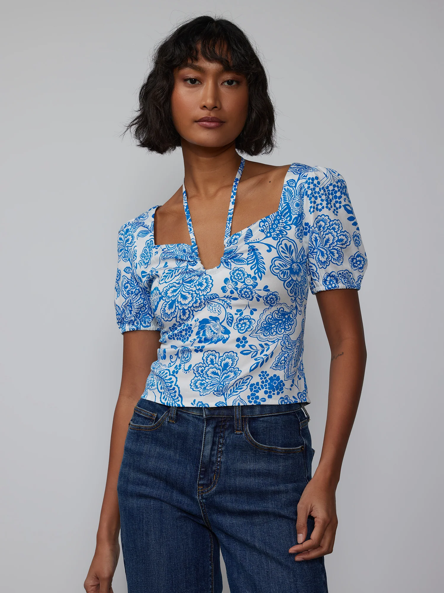 Puff Sleeve Tie Neck Paisley Print Top - Image 2