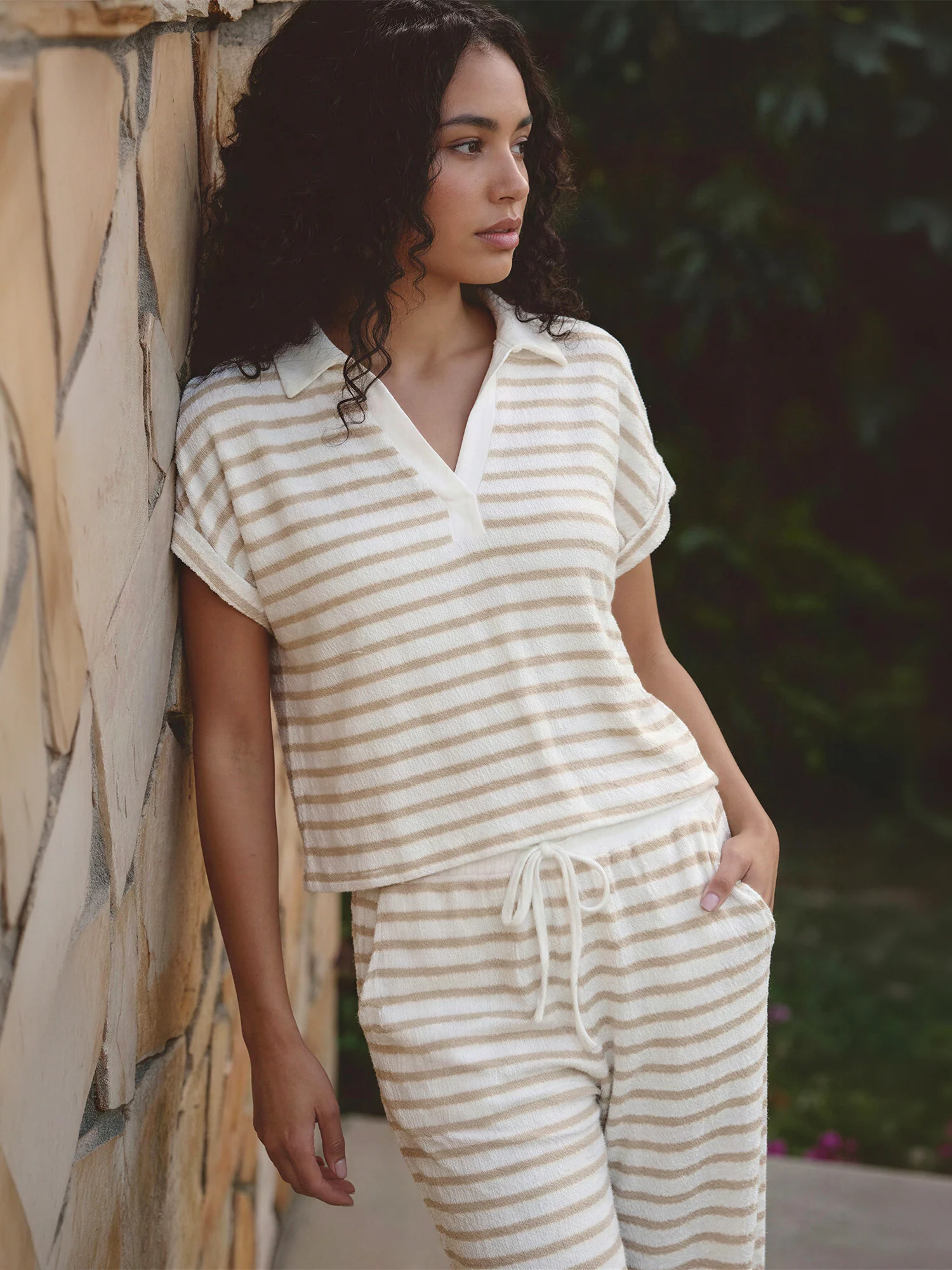 Shortsleeves Striped Knit Polo Collar Shirt