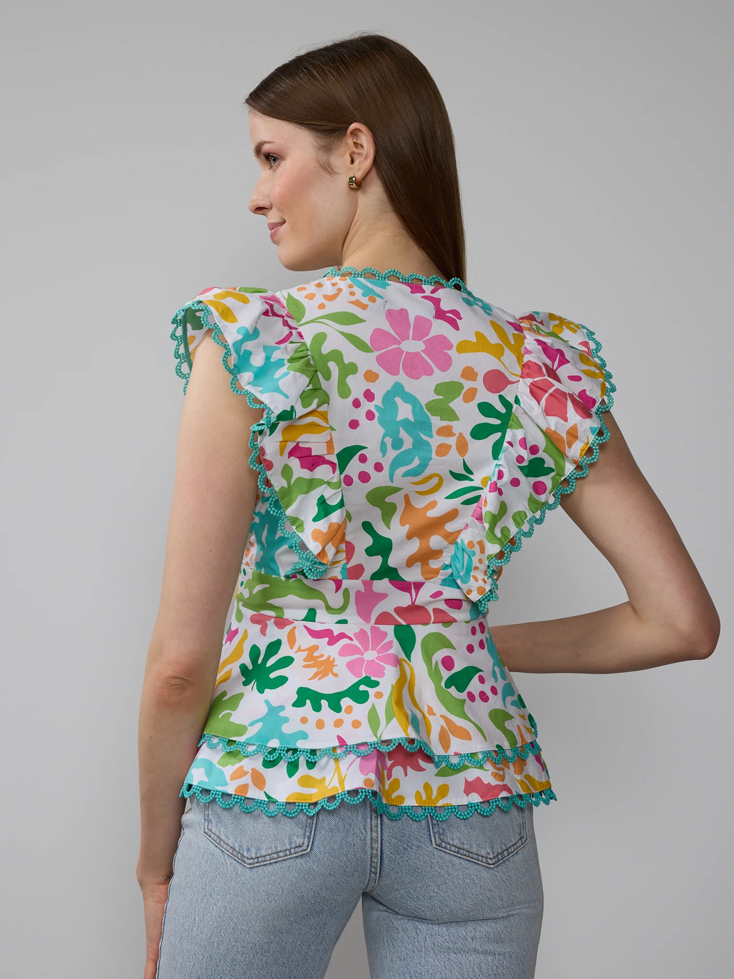 Cap Sleeve V-Neck Trim Floral Peplum Top - Image 3