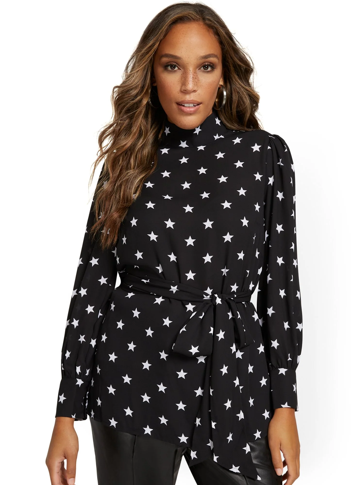 Star-Print Belted Mock-Neck Blouse - Image 2
