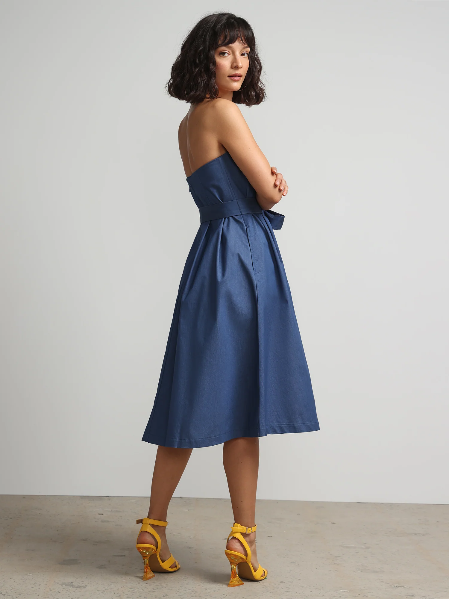 Strapless Belted Denim Flare Dress - Image 3