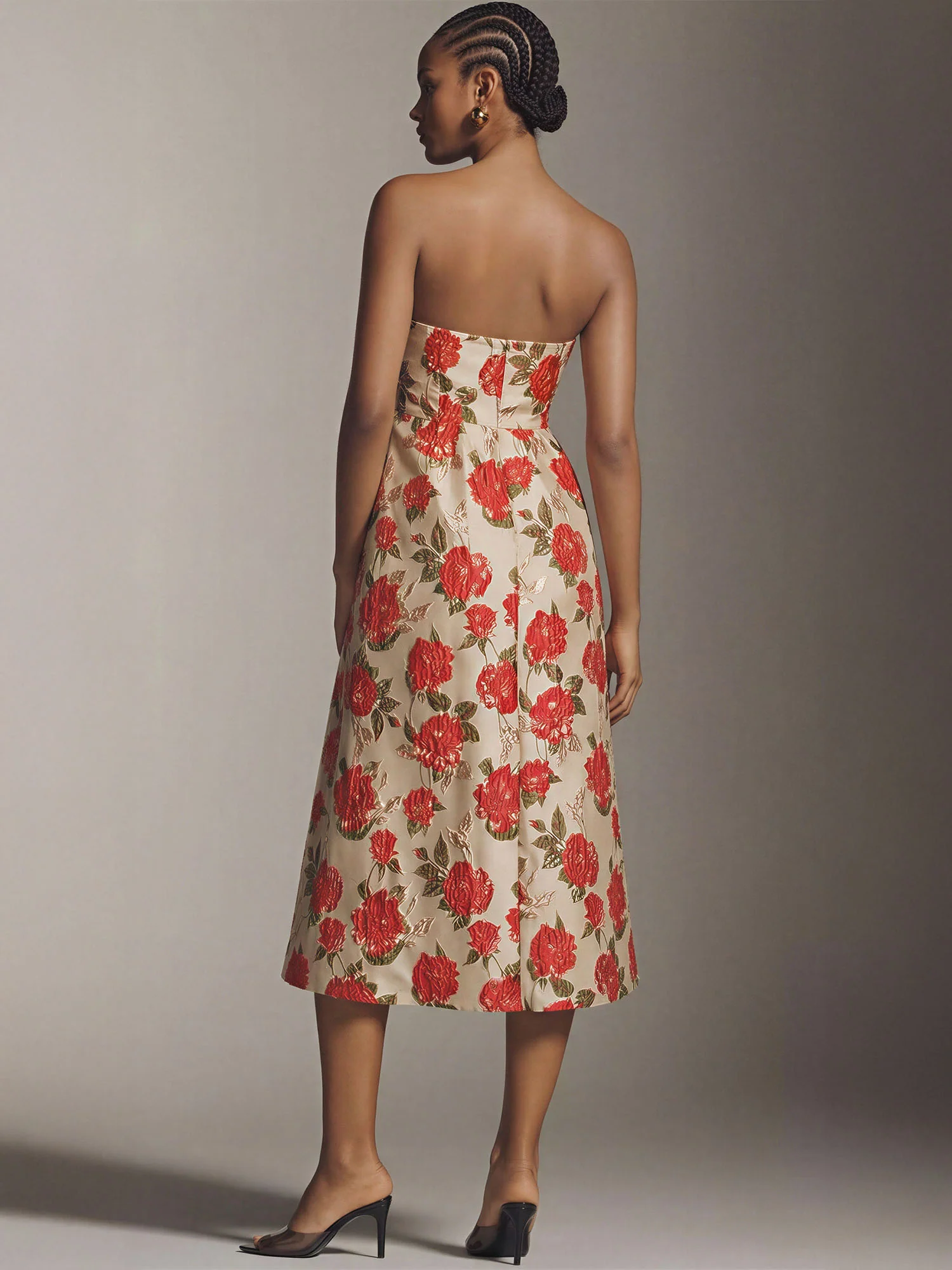Strapless Gold Rose Jacquard Midi Dress - Image 4
