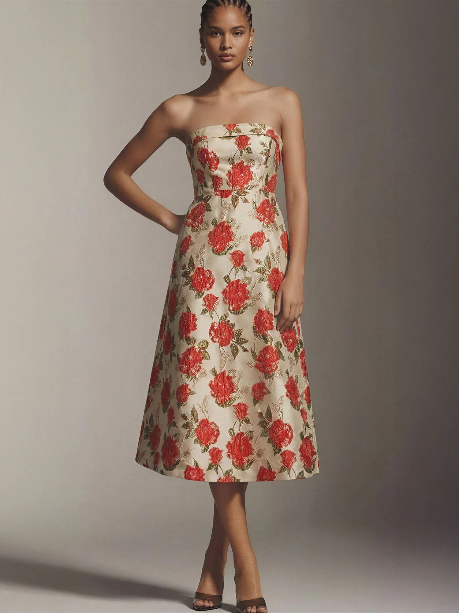 Strapless Gold Rose Jacquard Midi Dress - Image 6