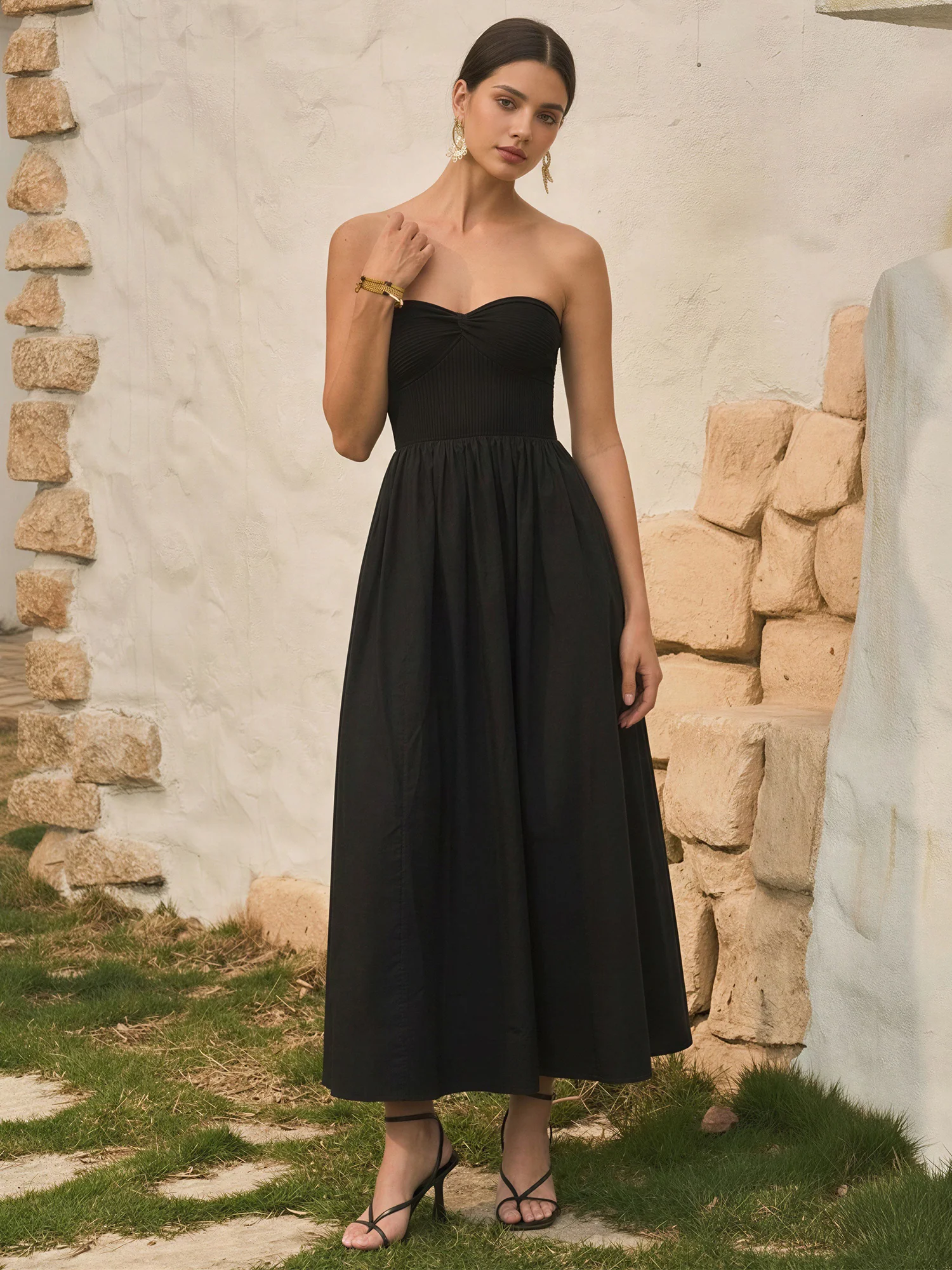 Strapless Mixed Media Poplin Fit And Flare Maxi Dress