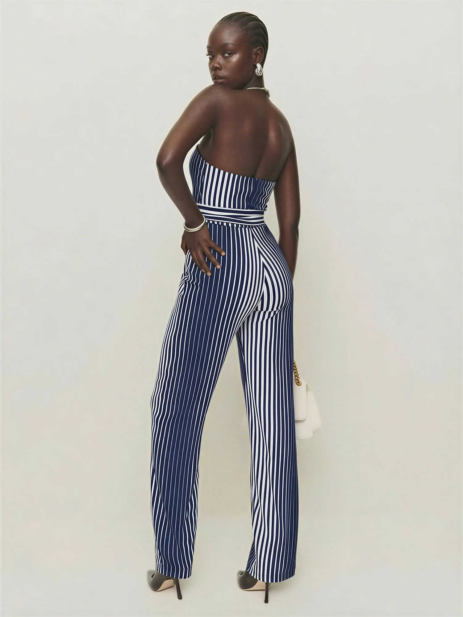Black And White Stripe Halter Knit Jumpsuit - Image 4