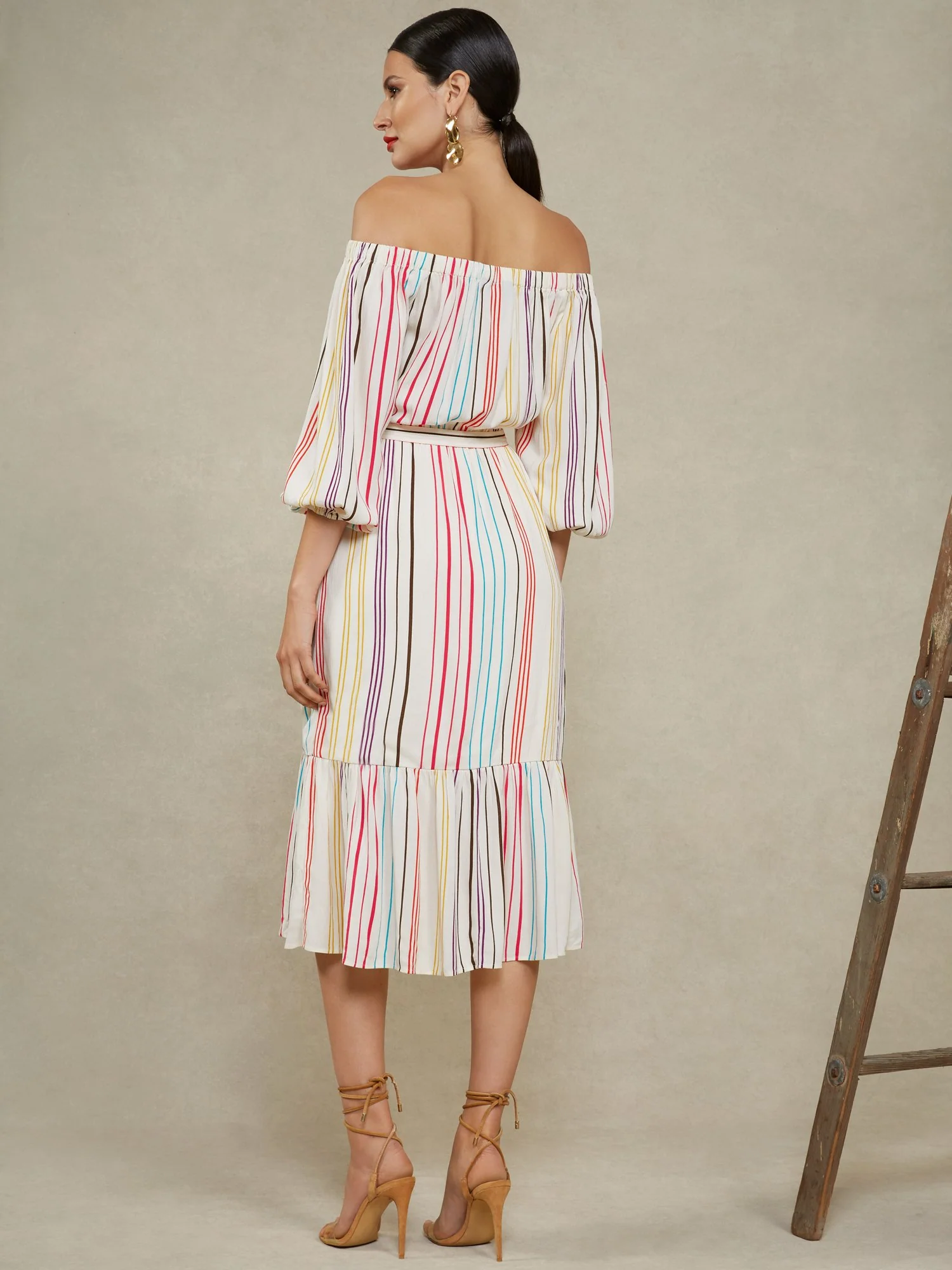 Stripe Off-The-Shoulder Gauze Midi Dress - Image 3