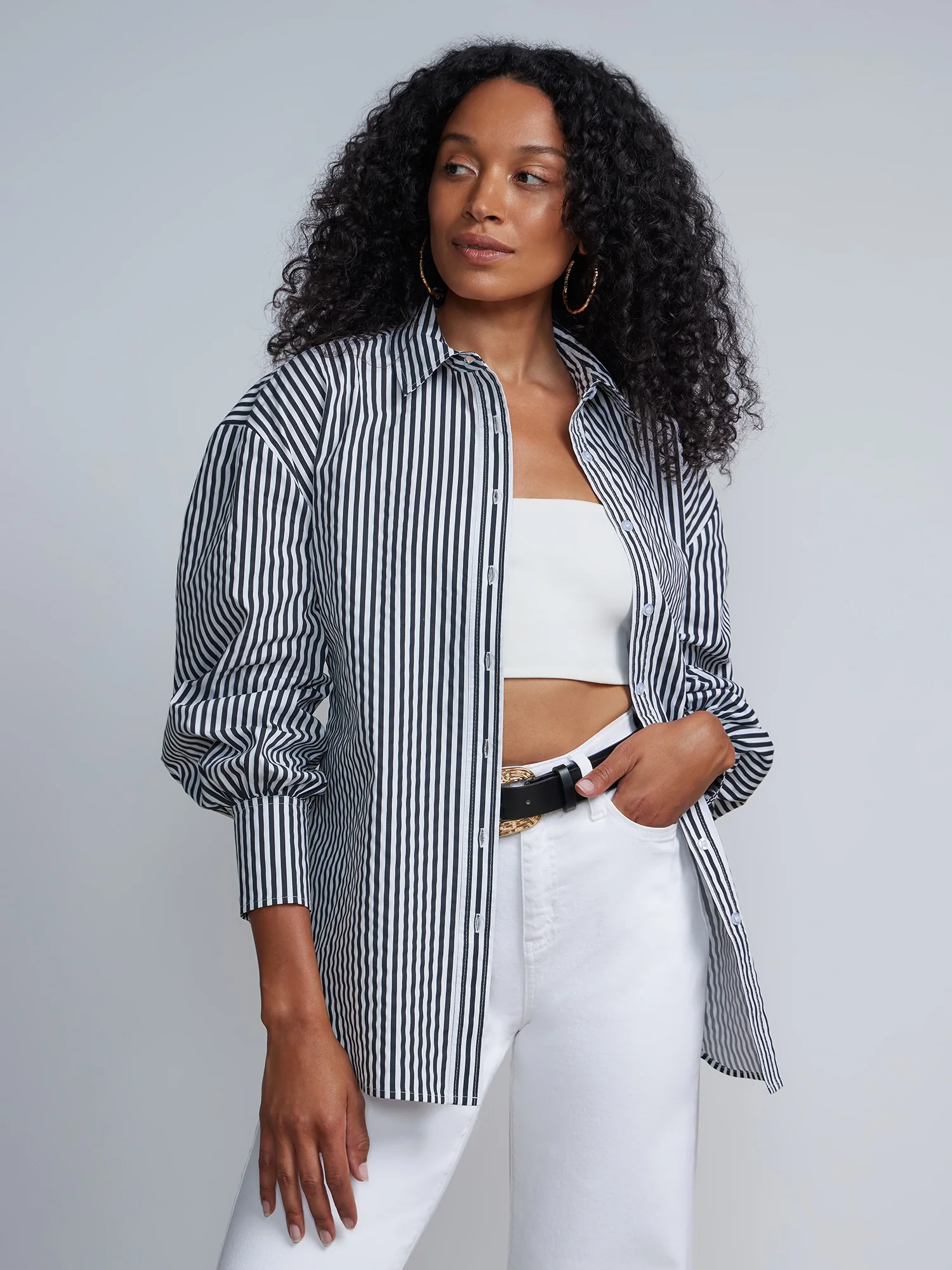 Striped Balloon-Sleeve Oversized Boyfriend Poplin Shirt