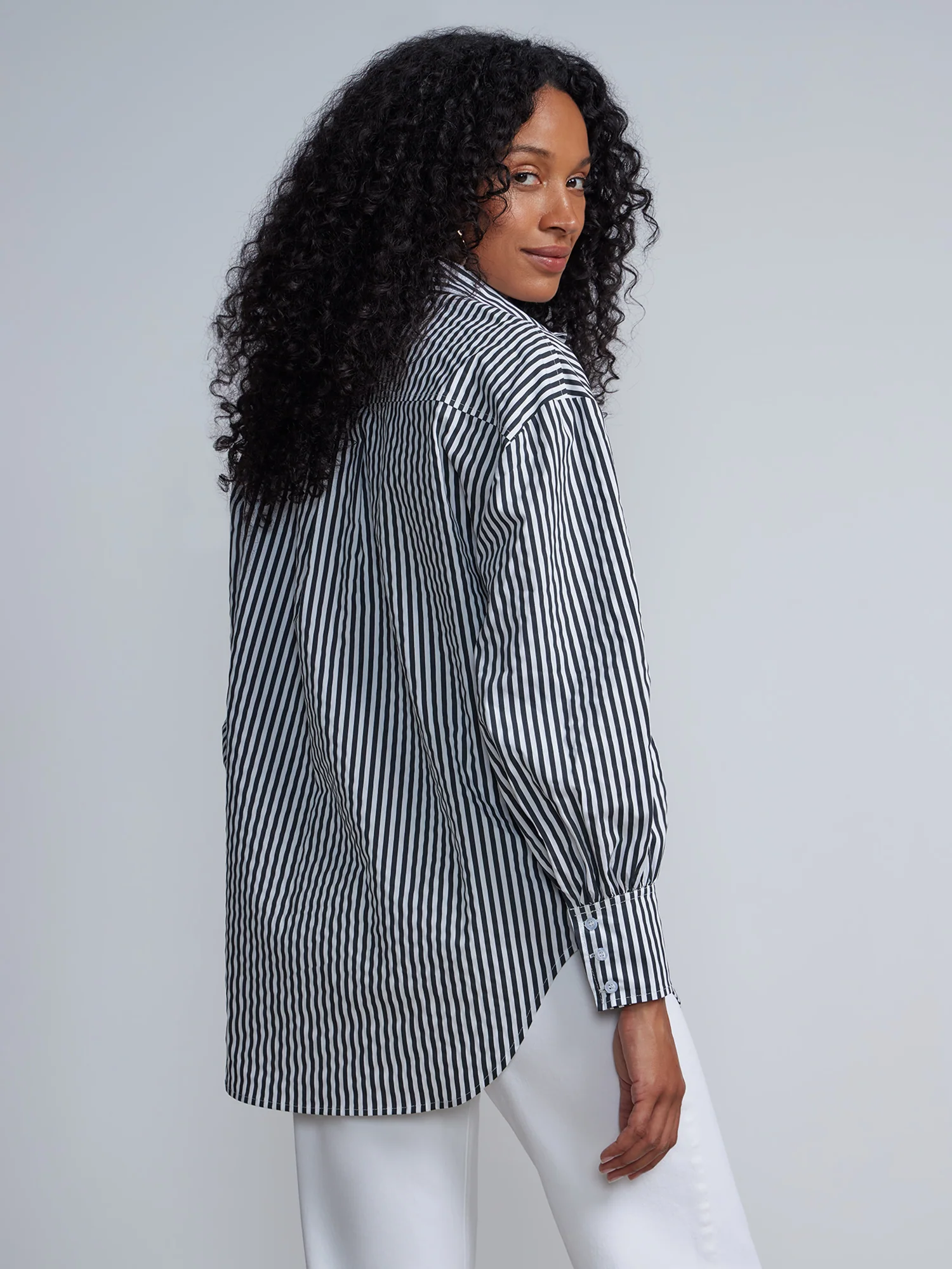 Striped Balloon-Sleeve Oversized Boyfriend Poplin Shirt - Image 3