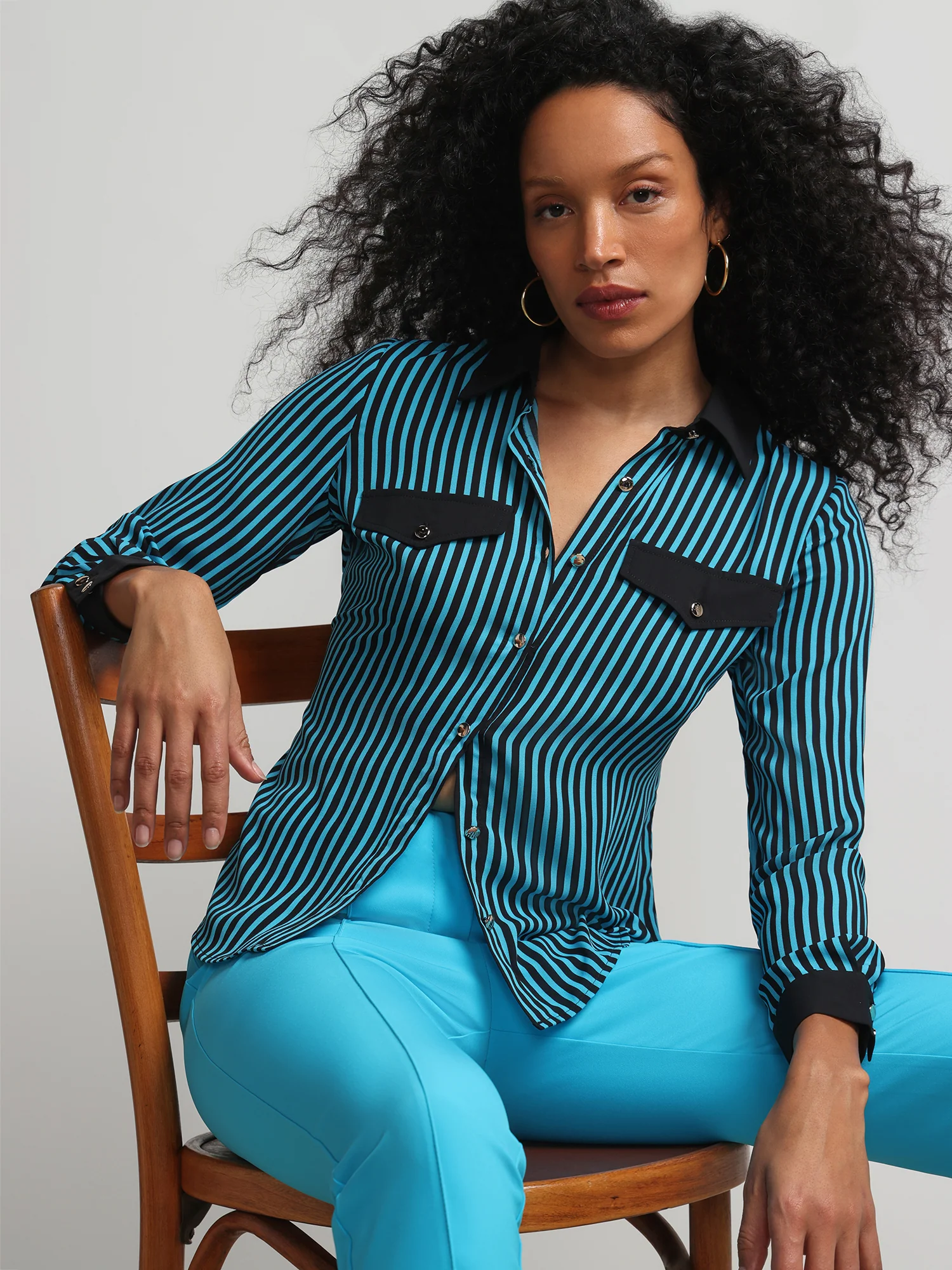 Striped Button-Front Pocket Blouse