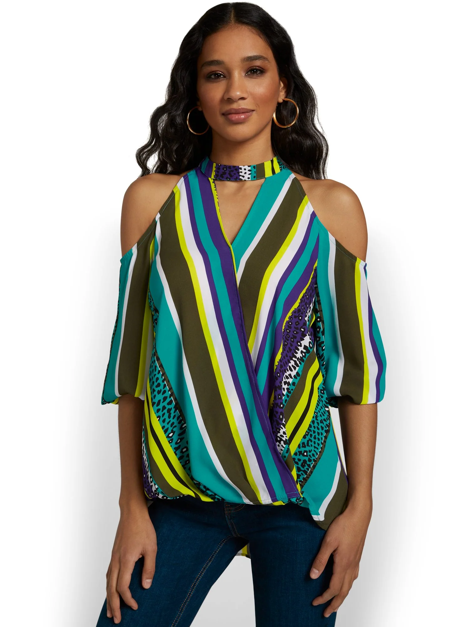 Striped Cold-Shoulder Surplice Blouse - Image 2