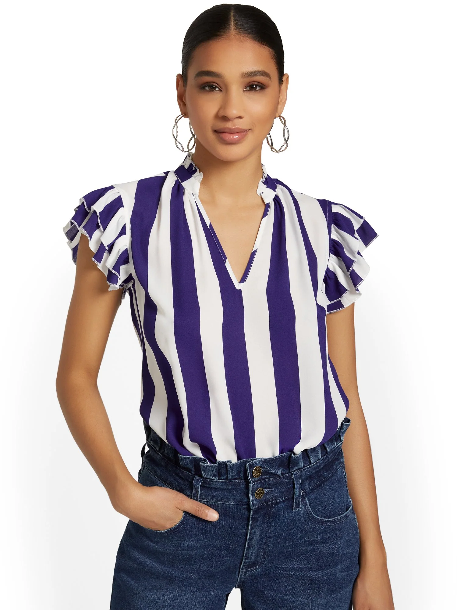 Striped Flounce-Sleeve Top