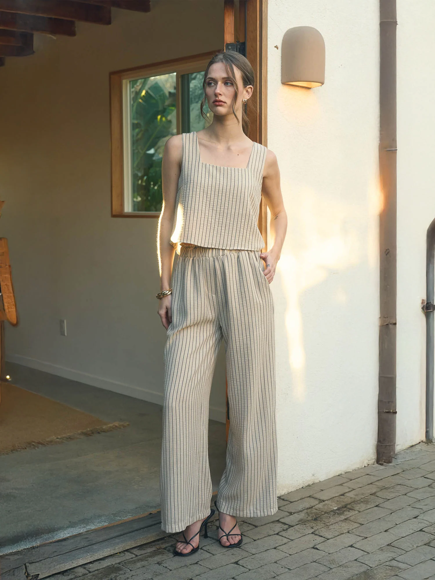 Striped Linen Square Neck Sleeveless Top