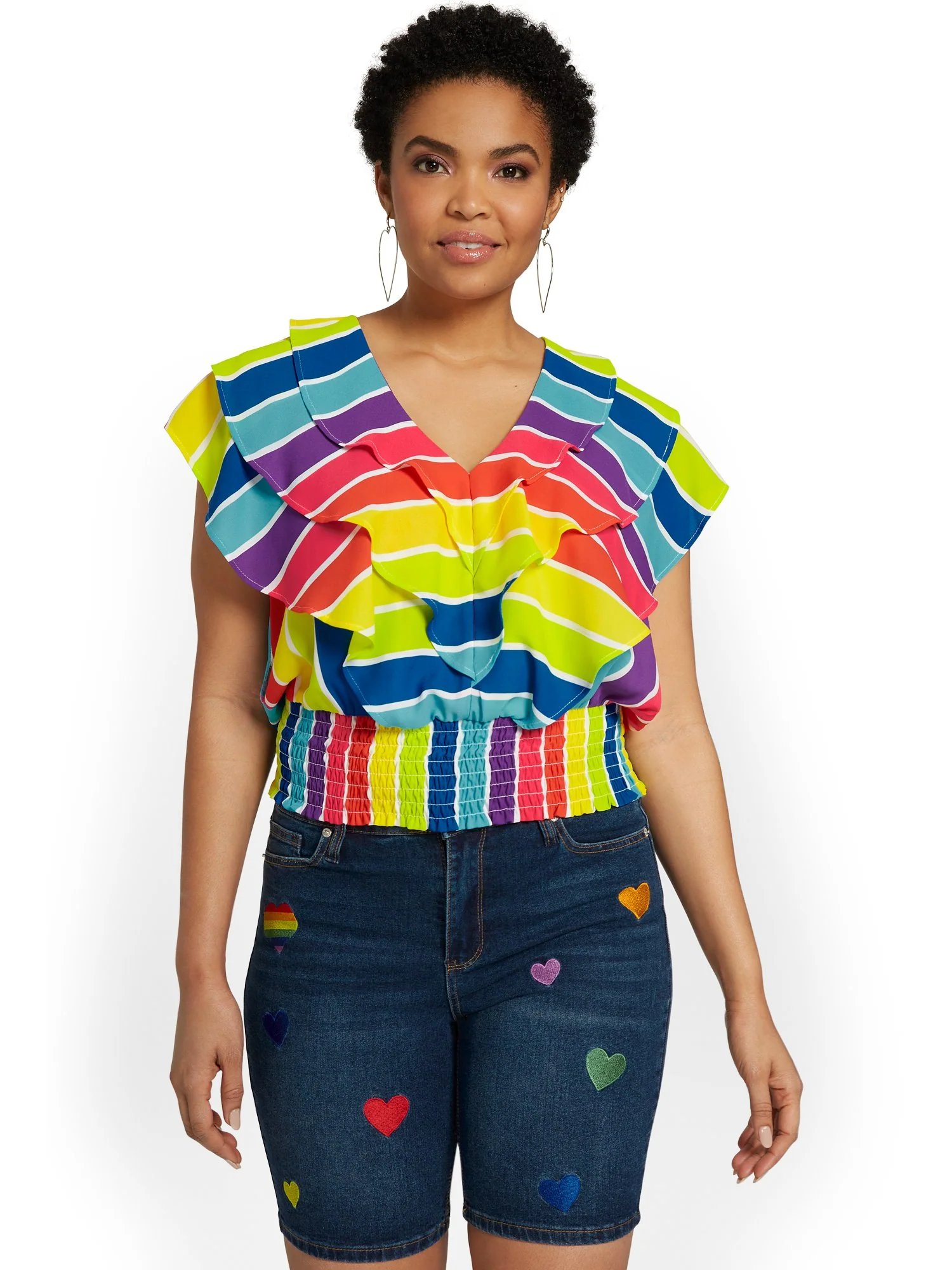 Striped Ruffle Smock-Waist Top