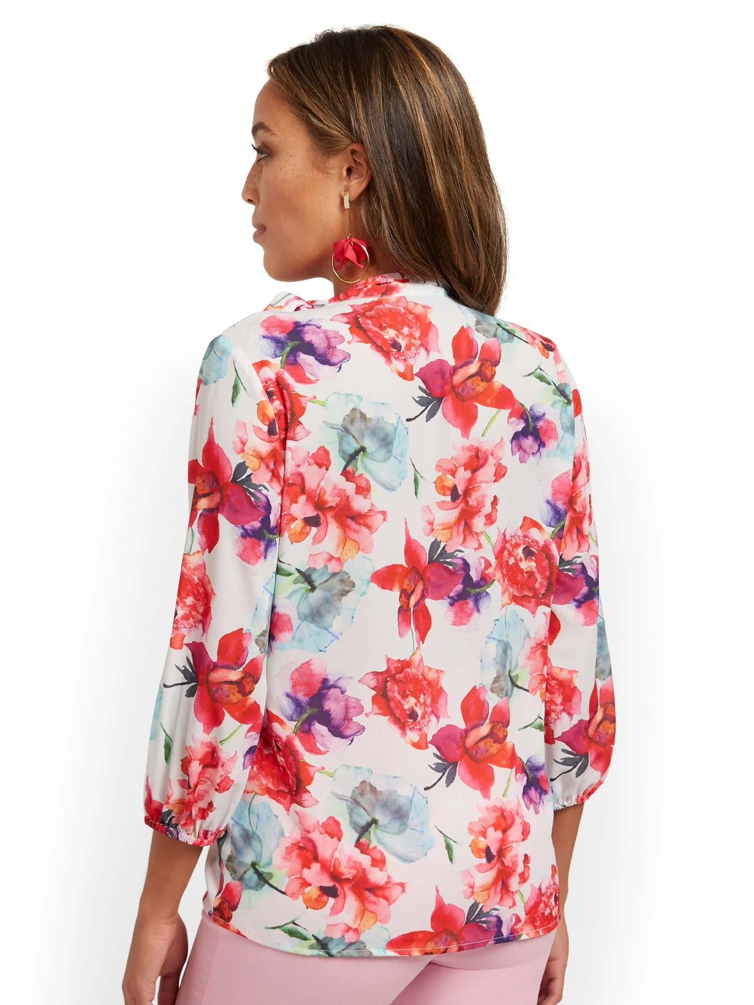 Tall Floral-Print Button-Front Bow-Neck Blouse - Image 3