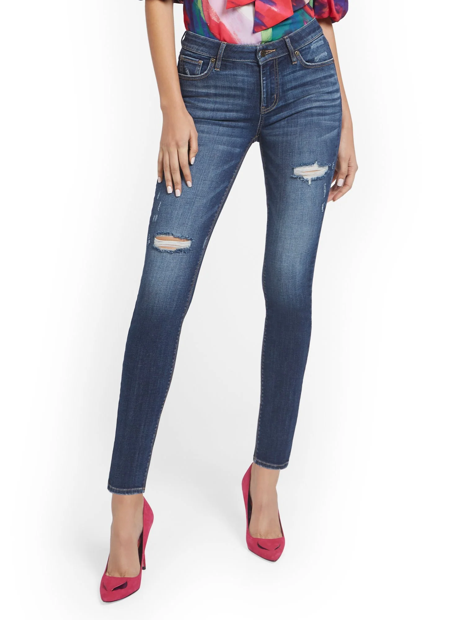 Tall Lexi Mid-Rise Destroyed Super-Skinny Jeans - Cowboy Blue