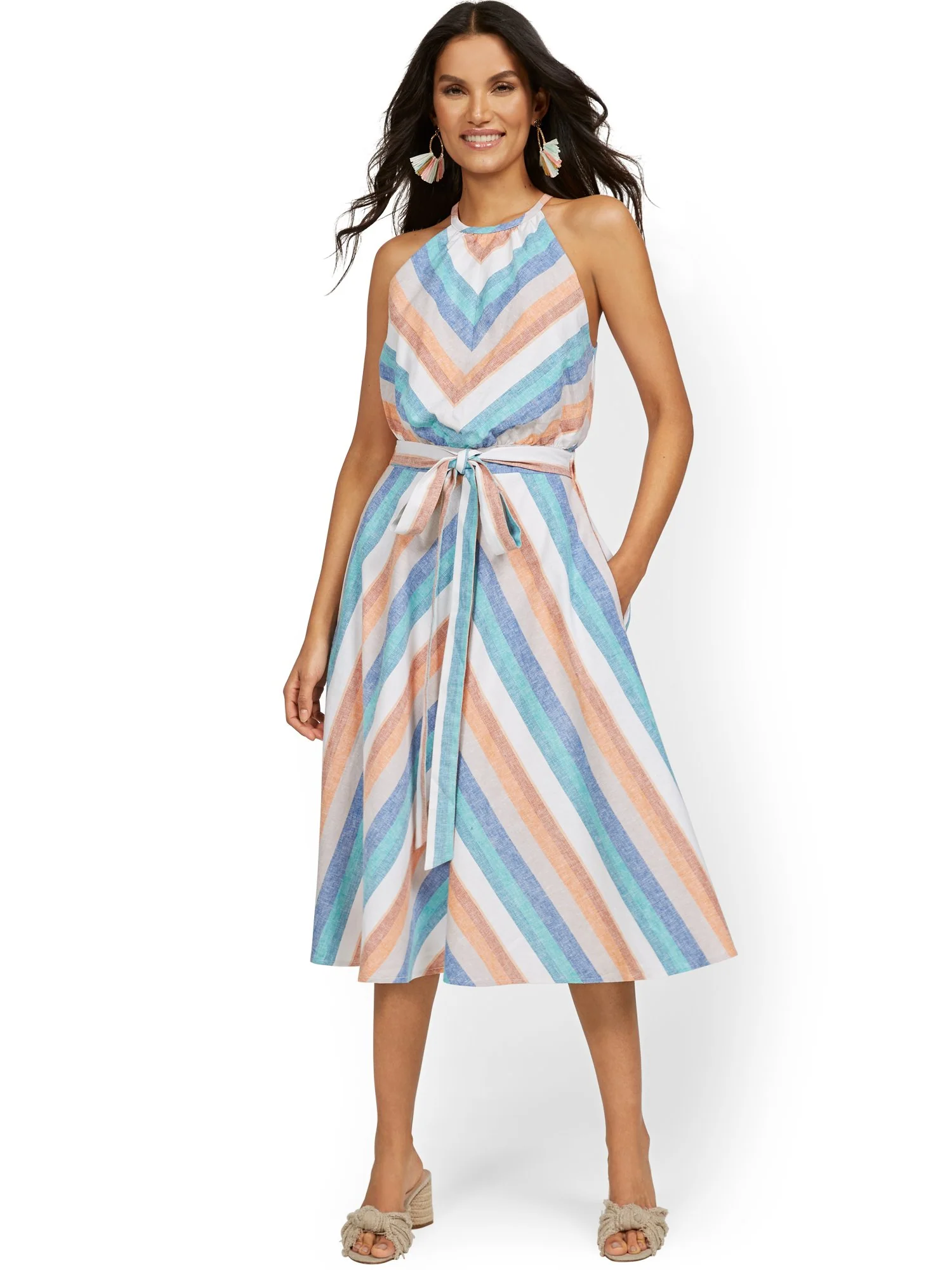 Tall Linen-Blend Multi-Stripe High Halter Midi Dress - Image 2