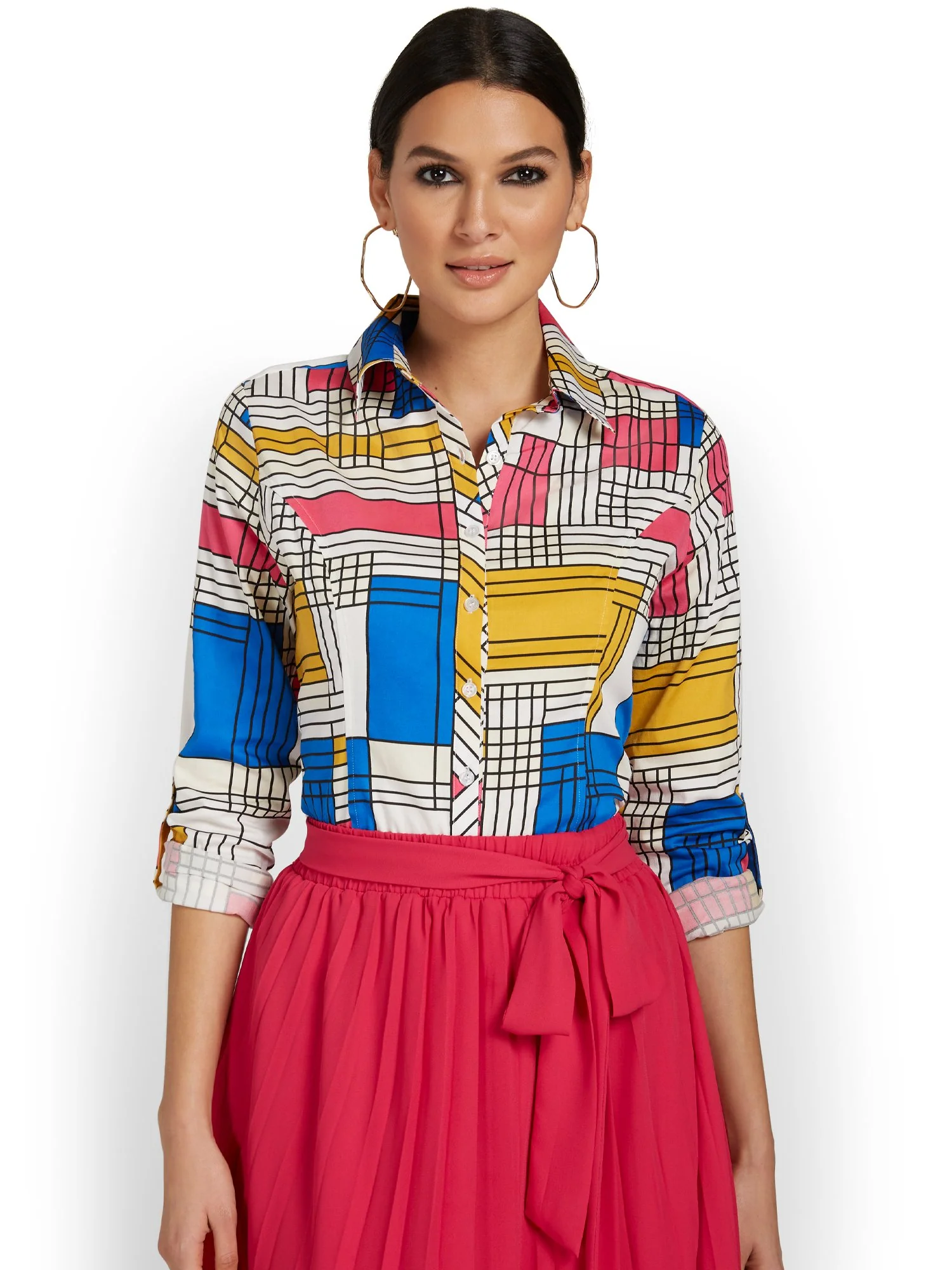Tall Madison Roll-Sleeve Button-Front Secret Snap Shirt - Geometric-Print - Image 2