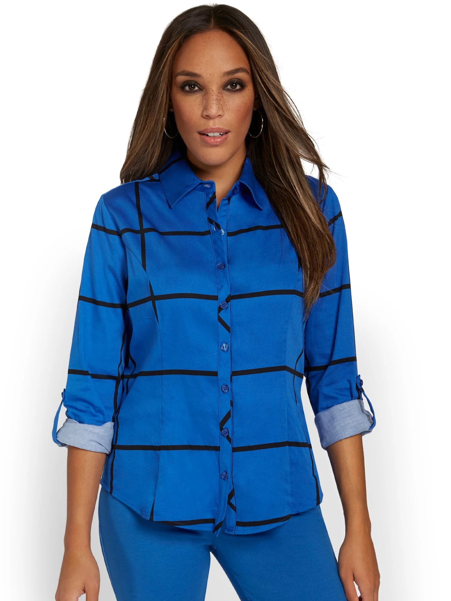 Tall Madison Roll-Sleeve Button-Front Secret Snap Shirt - Windowpane-Print - Image 4