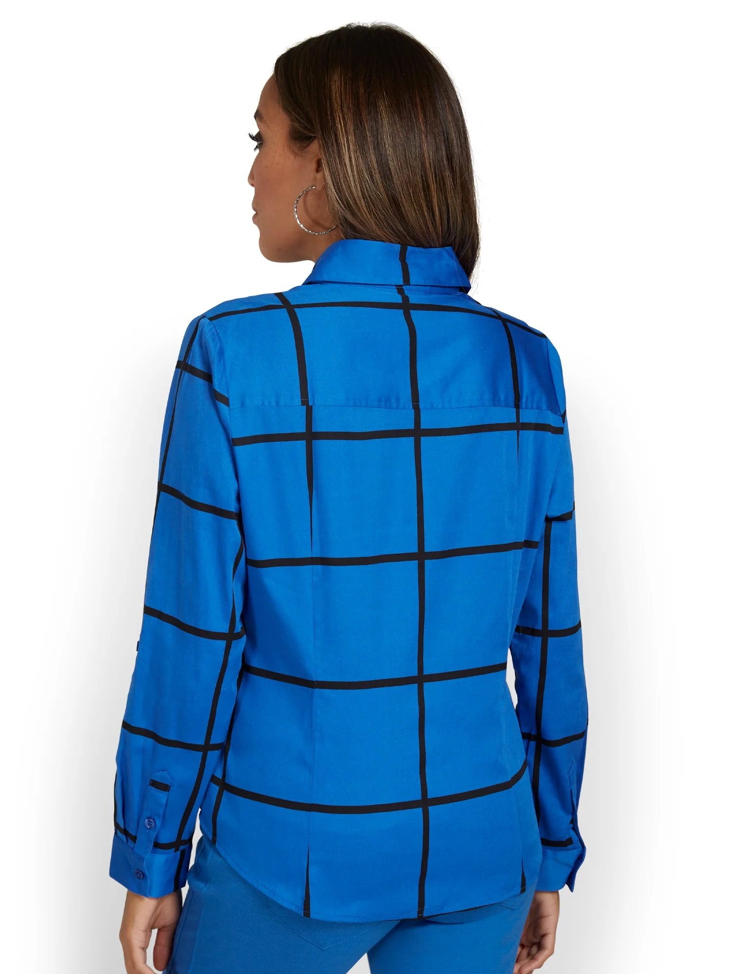 Tall Madison Roll-Sleeve Button-Front Secret Snap Shirt - Windowpane-Print - Image 6