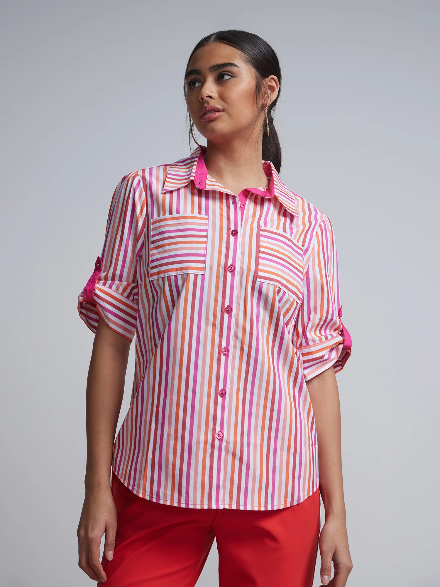 Tall Multi-Stripe Two-Pocket Short-Sleeve Button-Front - NY&C Madison Shirt®